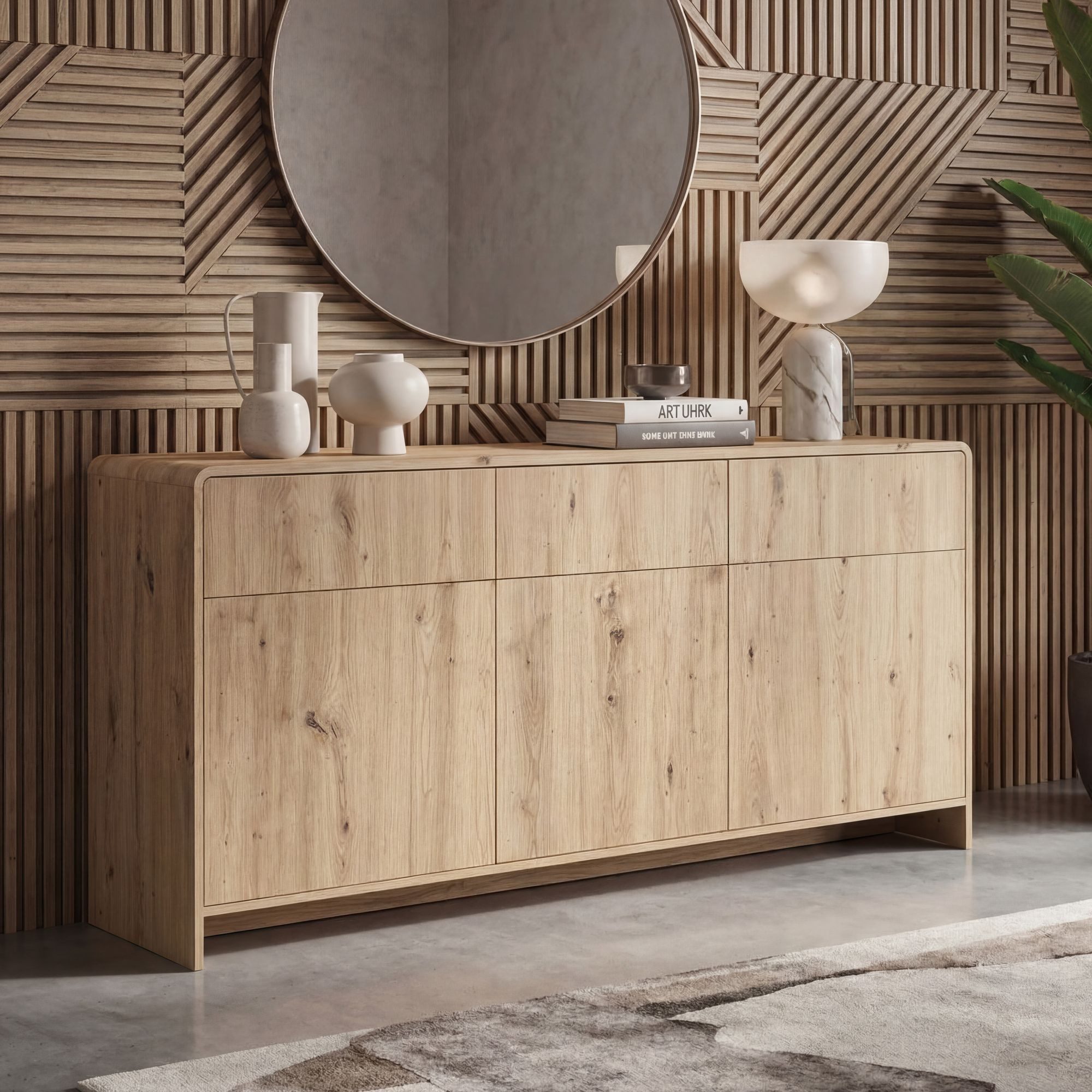 FINEBUY Sideboard FB117892 Kommode Eiche Dekor 155cm Standschrank Anrichte Flurschrank (Schickes Beimöbel mit viel Stauraum), Griffloses Öffnen durch moderne Druckfunktion