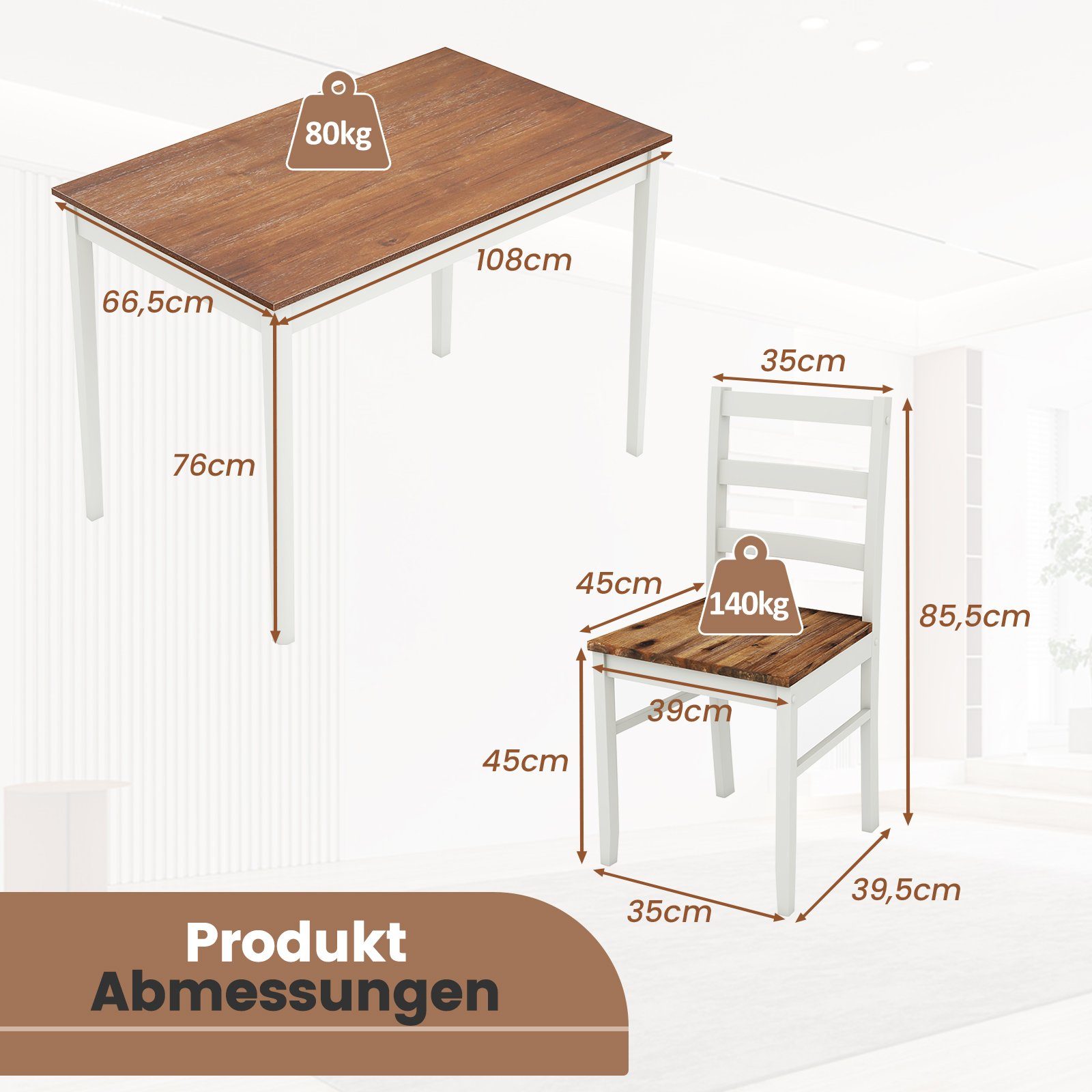 80kg, Massivholz, 1 108x66,5x76cm aus COSTWAY bis nur Essgruppe, Esstisch (1-tlg),