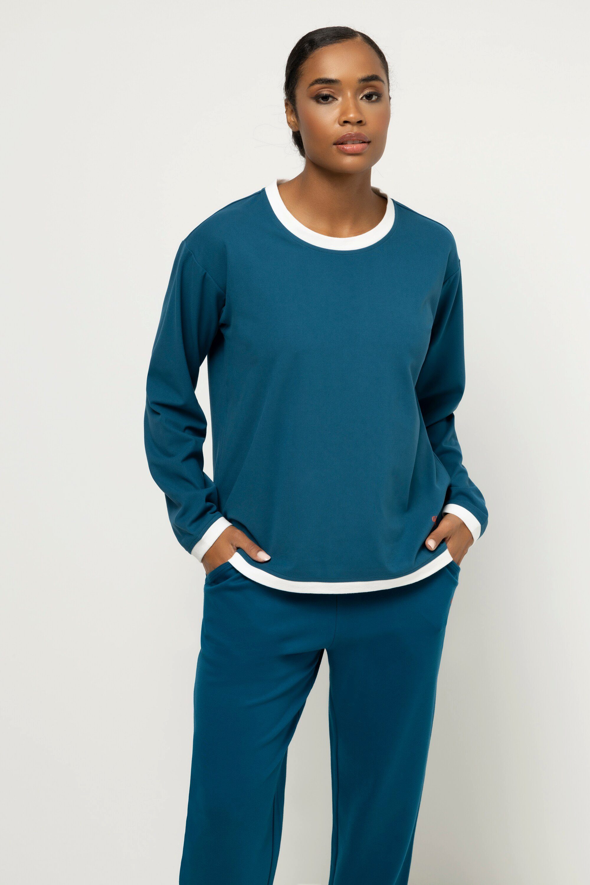 Gina Farb-Kontraste Rundhals Laura Langarm blaugrün T-Shirt Longshirt