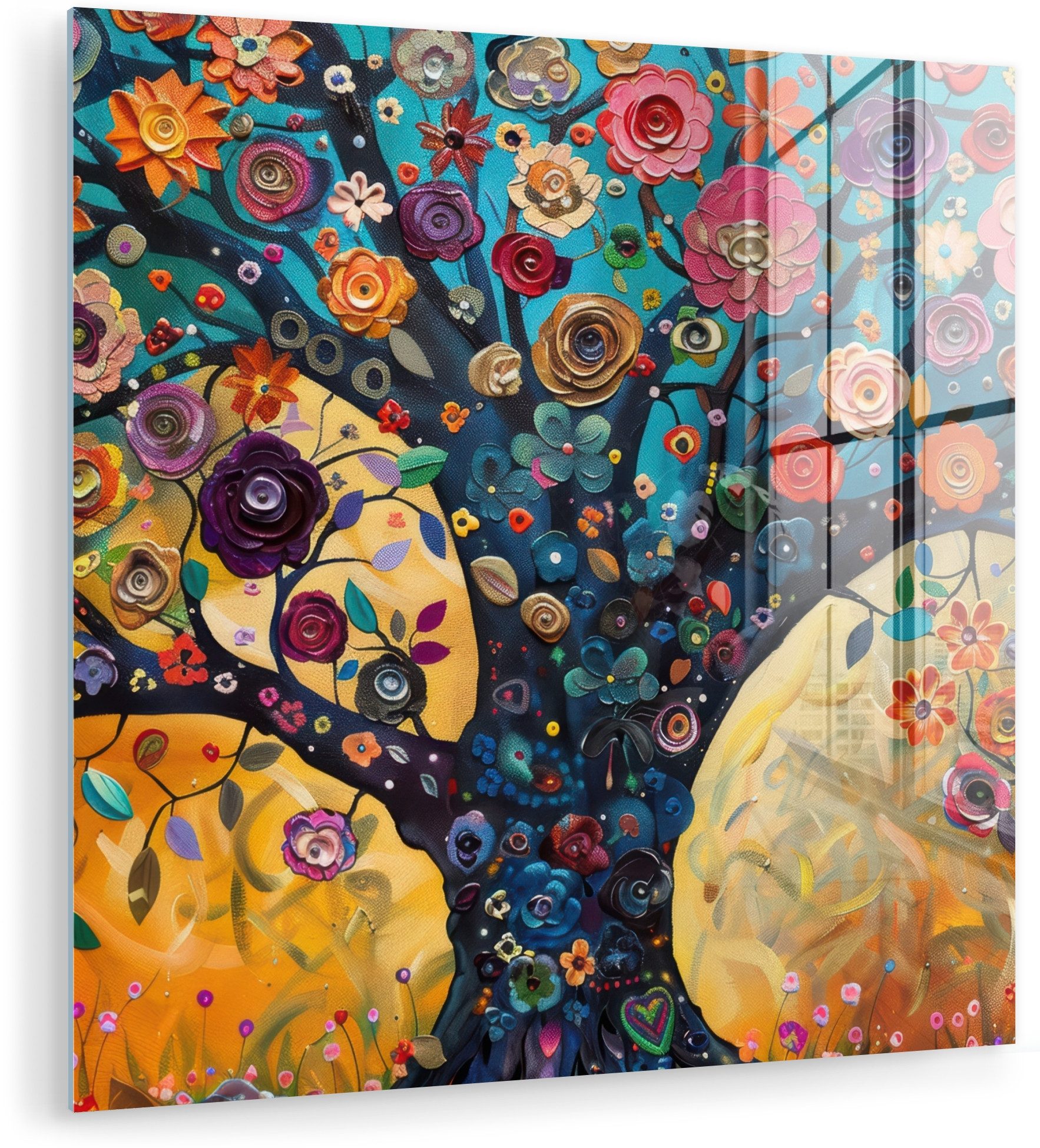 MuchoWow Acrylglasbild Baum - Lebensbaum - Farbenfroh - Blumen - Modern, Inkl. Aufhängung, Bilder auf Glas Wandbild, Wanddeko Wohnzimmer Badezimmer, 20x20 cm