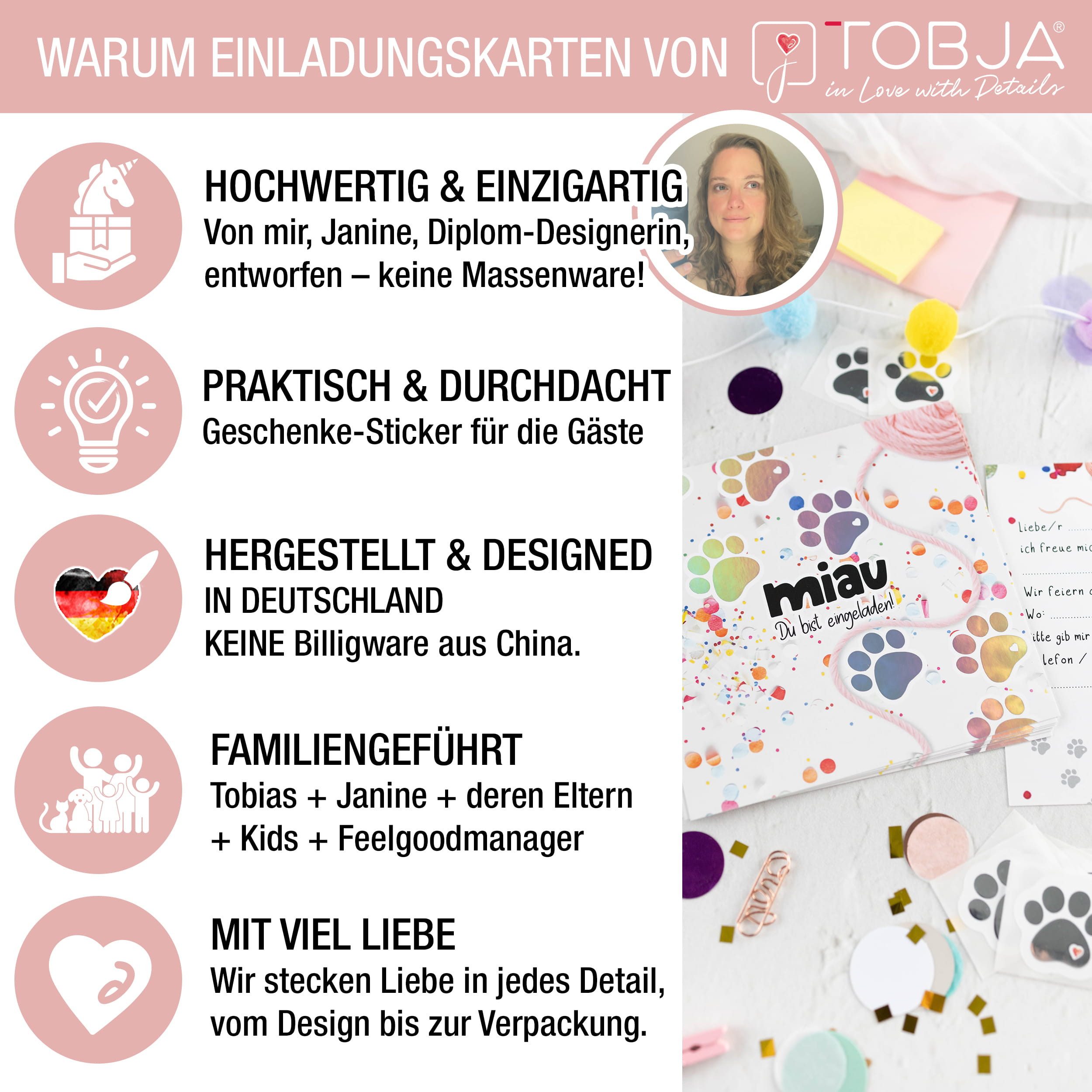TOBJA Einladungskarten XXL Einladungskarten Katze Konfetti 10er Set Sticker Silberfolie, Kindergeburtstag Mädchen Geburtstag Einladung Kinder