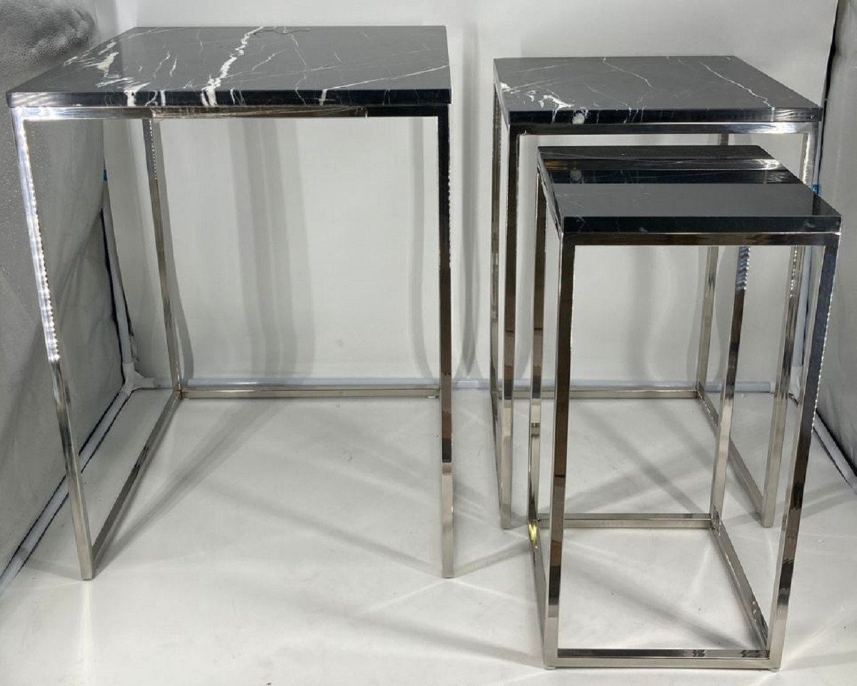 Casa Padrino Beistelltisch 3er Tische Schwarz mit - Möbel Luxus Set / Kollektion Beistelltisch Silber Marmorplatte Luxus Edelstahl - 
