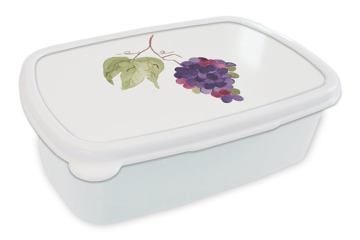 MuchoWow Lunchbox Weintrauben - Blätter - Aquarell, Kunststoff, (2-tlg), Brotbox für Kinder und Erwachsene, Brotdose, für Jungs und Mädchen weiß