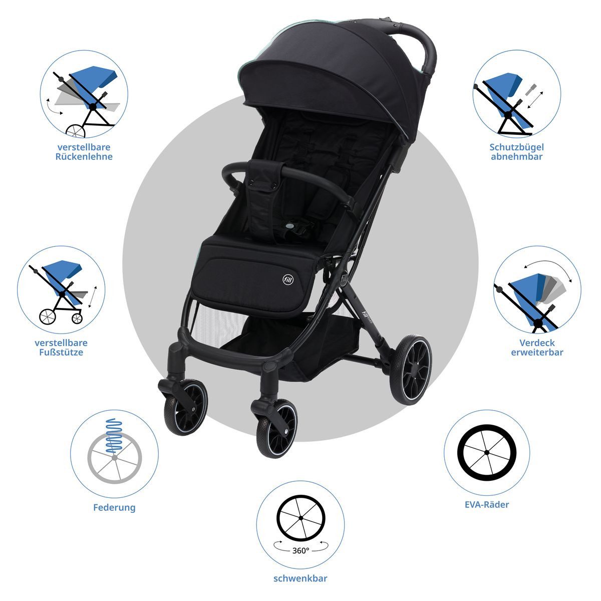 Fillikid Kinder-Buggy Fill Rover - Schwarz, Sportwagen mit Liegefunktion, Trollyfunktion & Zubehör bis 22 kg