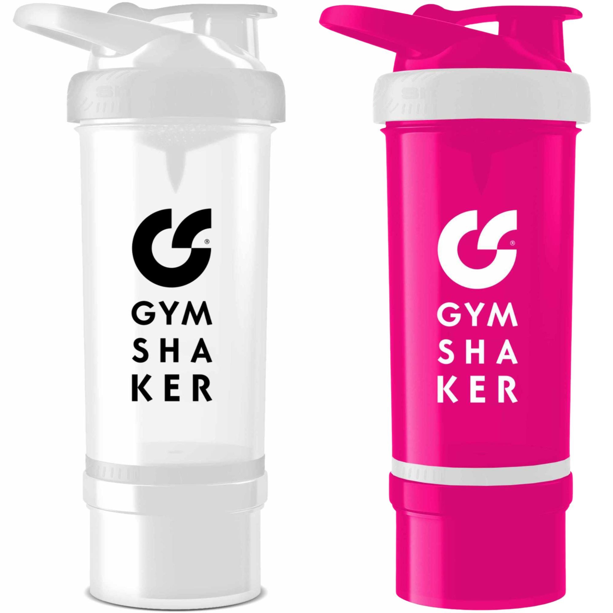 GYMSHAKER Protein Shaker mit Pulverfach 2er Pack Trinkflasche für Fitness, Gym & Bodybuilding, (2-tlg), spülmaschinengeeignet, auslaufsicher, separates Pulverfach mit Deckel
