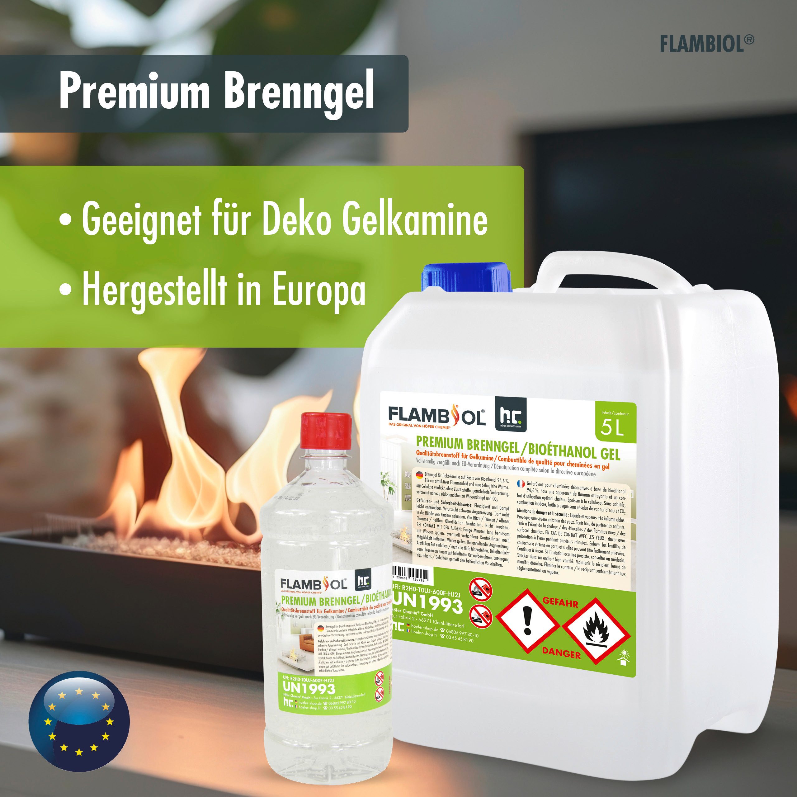 Höfer Chemie GmbH Bioethanol 1 L FLAMBIOL® Premium Brenngel, 1 l, (1-St), Rauchfreies Gel für saubere Verbrennung im Tischkamin