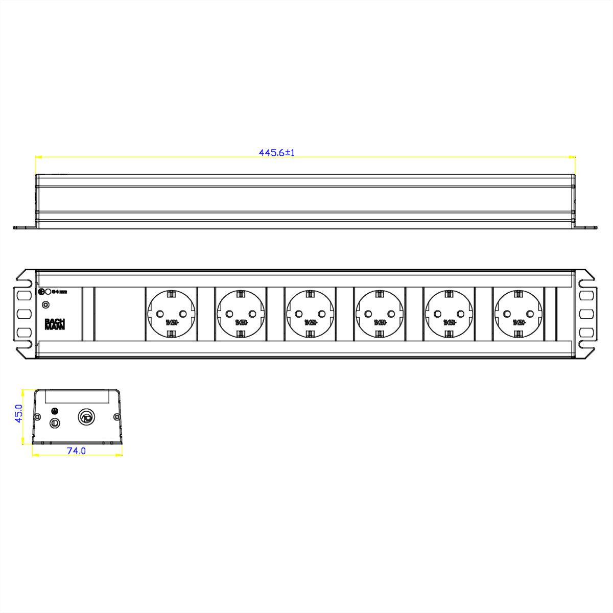 Bachmann Handwerkerleiste 6x Schutzkontakt, 19-Zoll-Rack kompatibel Steckdosenleiste (Kabellänge 2 m), 300.000