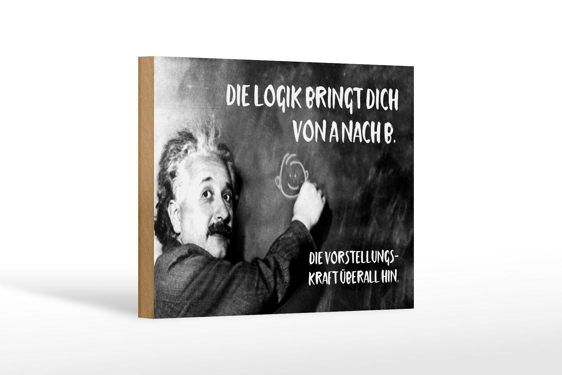 Femer GmbH Holzbild Zitat 12x18 cm Einstein Tafel Logik Vorstellungskraft, (1 St), Glatte Holzfaserplatte (MDF), vorn beschichtet