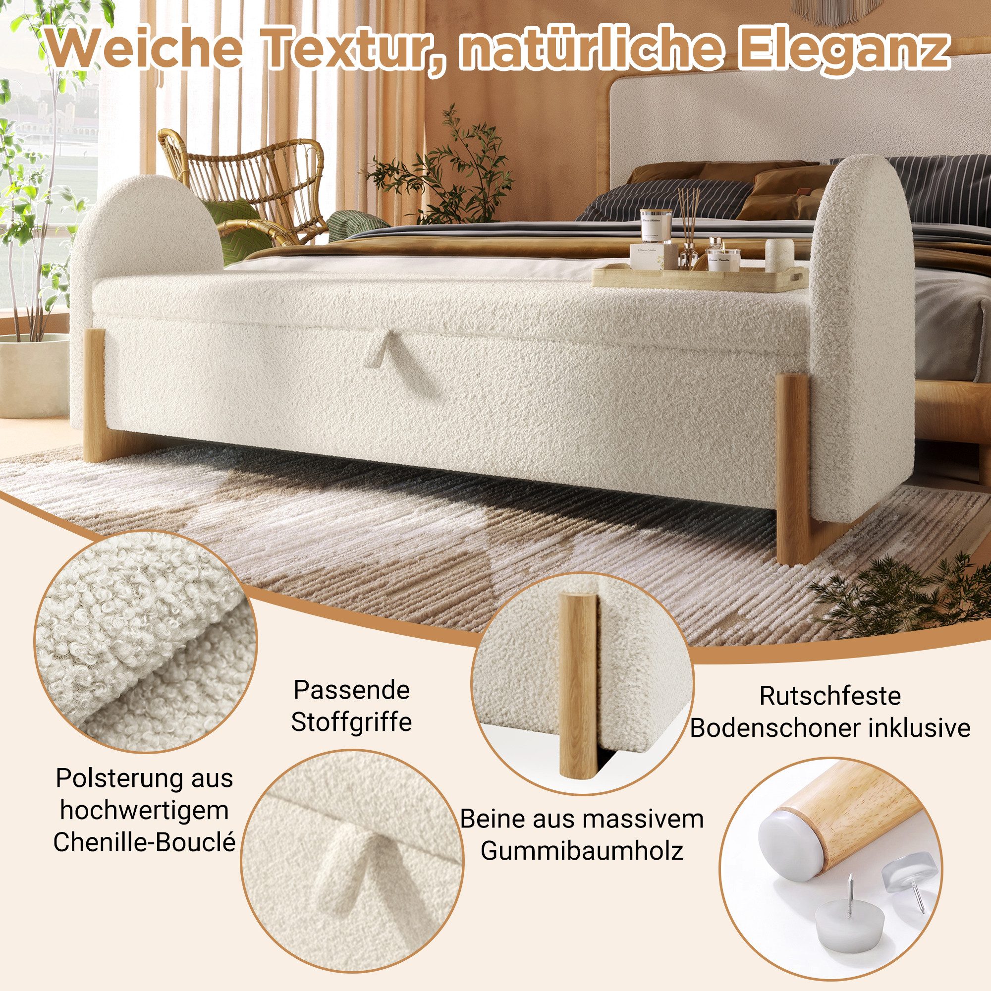 i@home Bettbank Polsterbänke mit Stauraum (Sitzbank Sitztruhe mit hydraulischem Gasdrucksystem, 1-St., Chenille-Bouclé, belastbar), Truhenbank U-Form Massivholzbeine, für Schlafzimmer