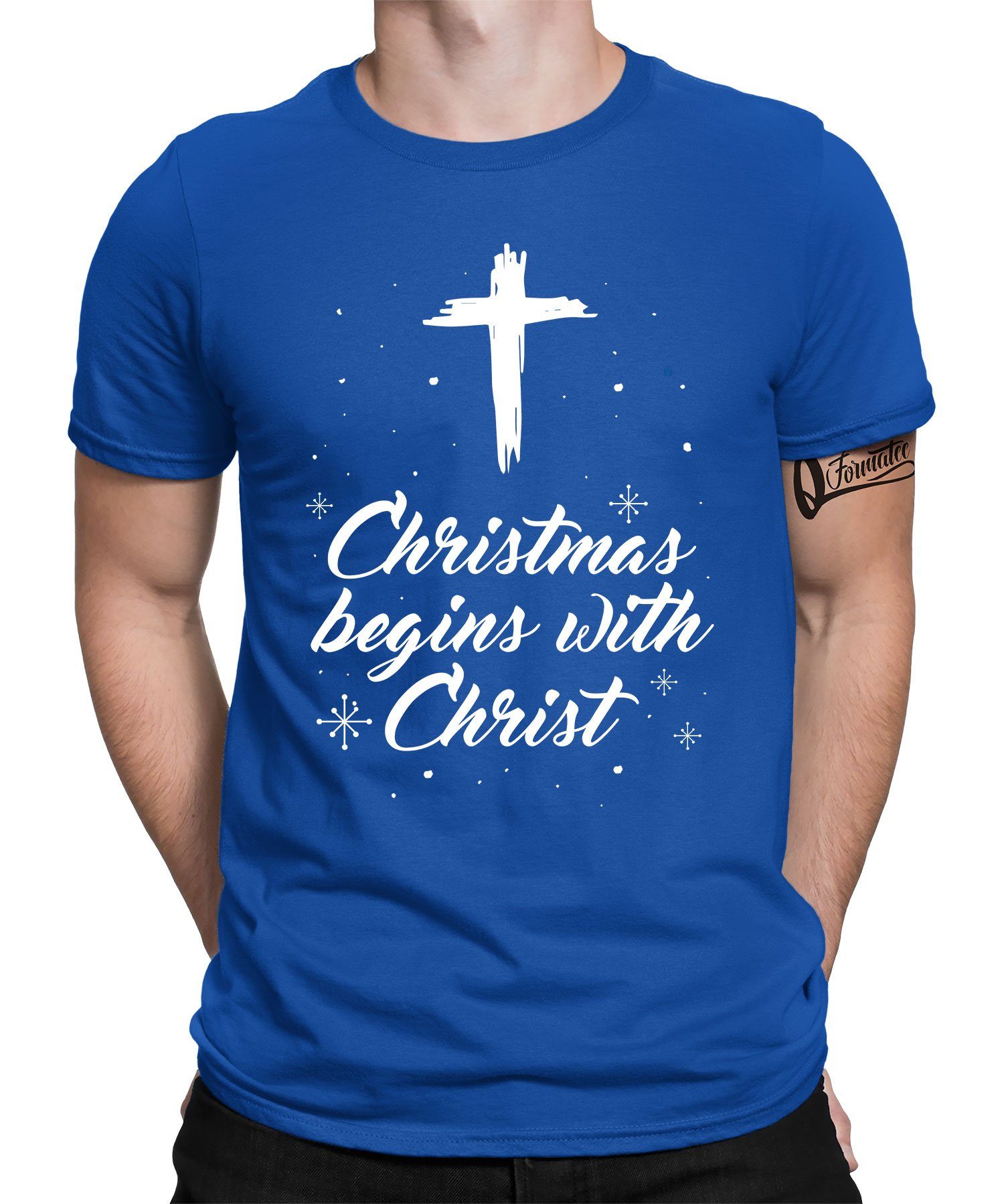 Quattro Formatee Kurzarmshirt Christmas begins with Christ - Weihnachten Nikolaus Weihnachtsgeschenk (1-tlg) Blau