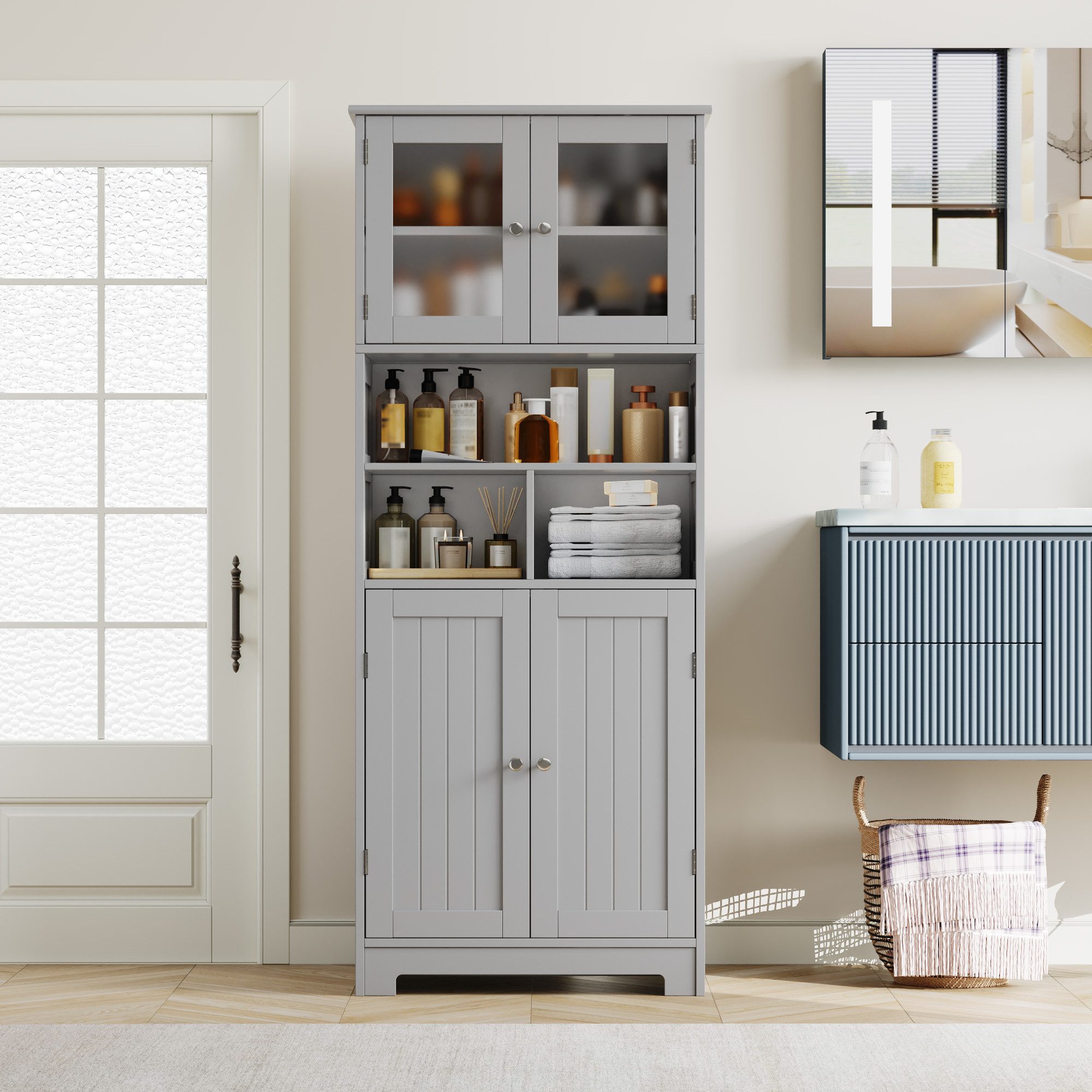 HOMECHO Hochschrank Badezimmerschrank Badschrank mit 3 Fächern und 4 Türen günstig online kaufen