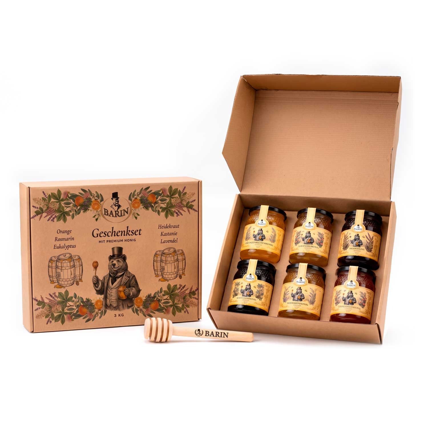 BARIN Honig Geschenkset mit 6 Sorten Premium Honig, 1 x 3000 g, 6 St. (Naturbelassen & ohne Zusatzstoffe, Portugiesische Sortenhonig-Kollektion – Kräftig & Vitalisierend), Im Glas
