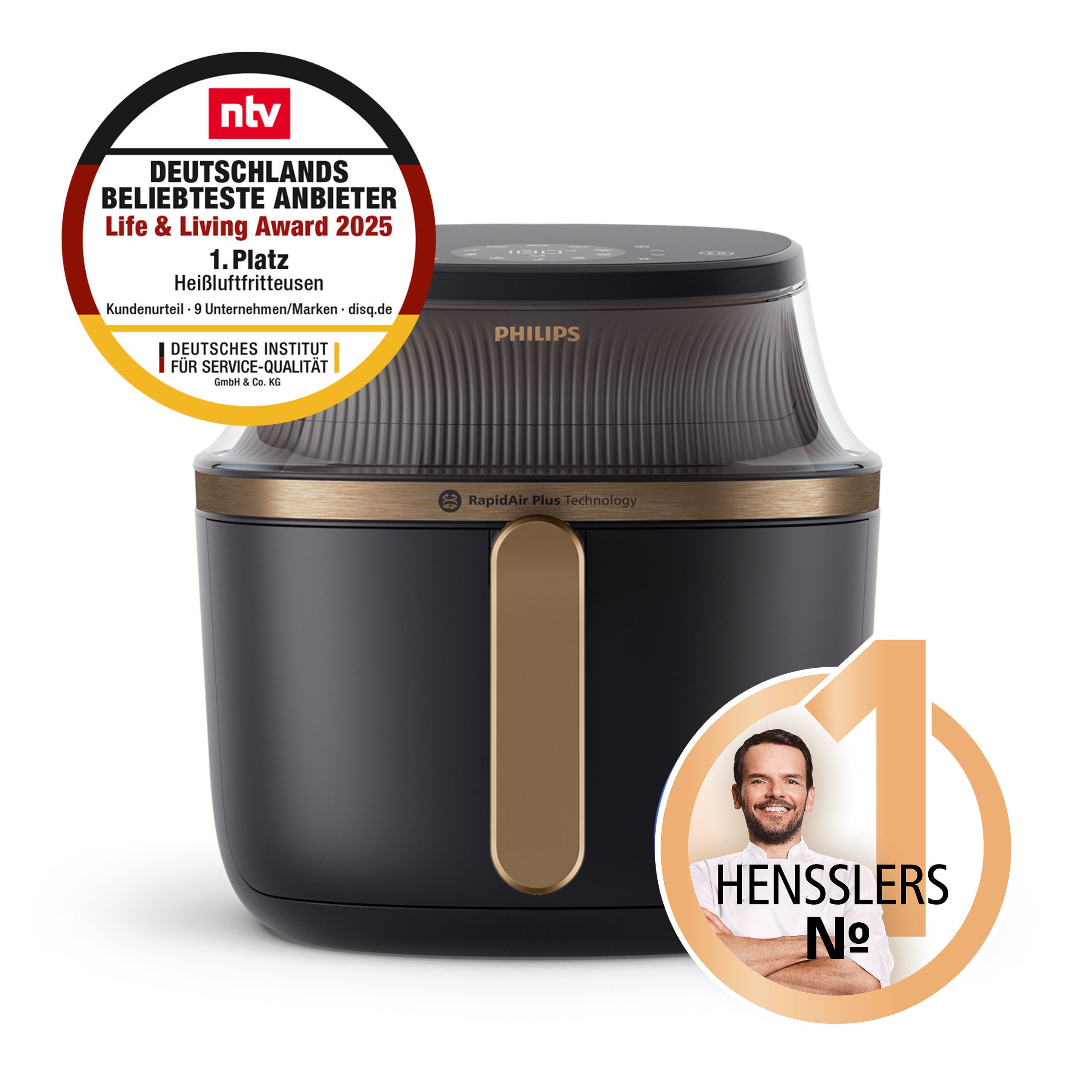 Philips Heißluftfritteuse Airfryer 3000 NA342/00, mit 7.2L, Sichtfenster, 2000 W, RapidAir Plus Technologie und 16 Kochfunktionen; Schwarz/Kupfer