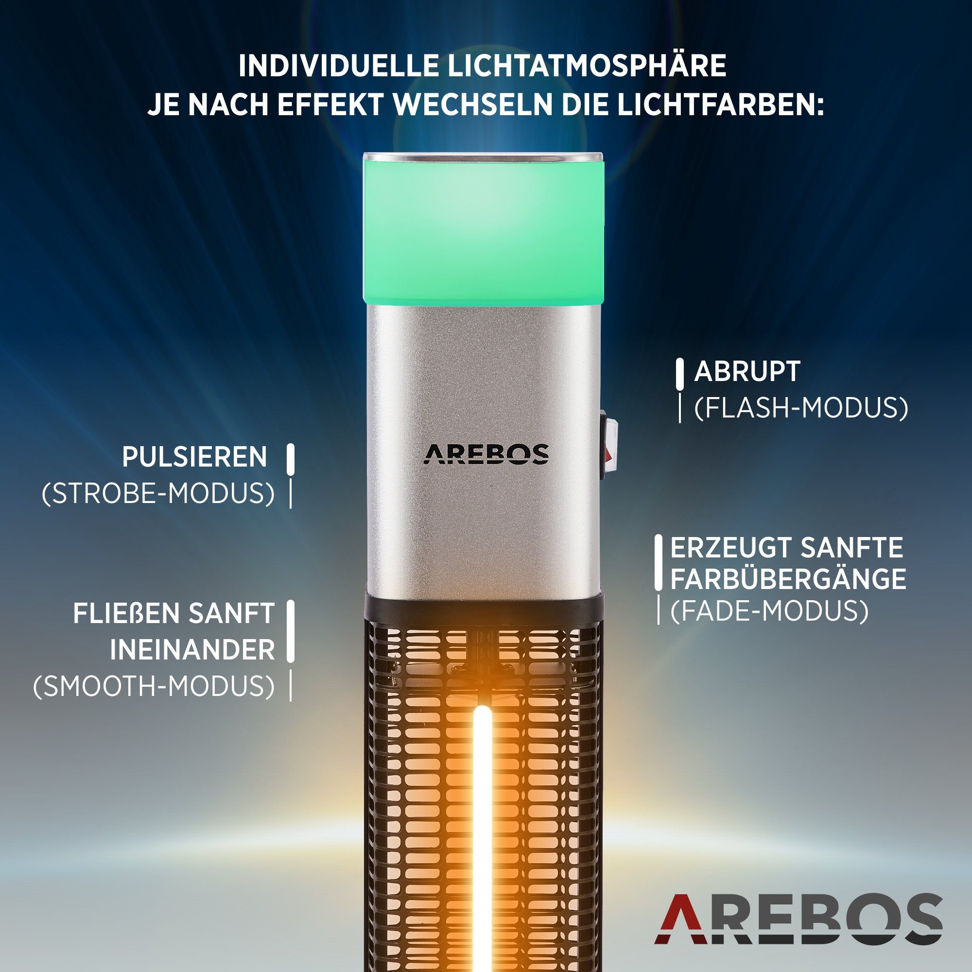 Heizstrahler silber Watt LED, Low-Glare-Technik 1500 mit inkl.16 Fernbedienung, Kipp-Abschalter, LED-Licht Arebos Farben, integrierte Stand,