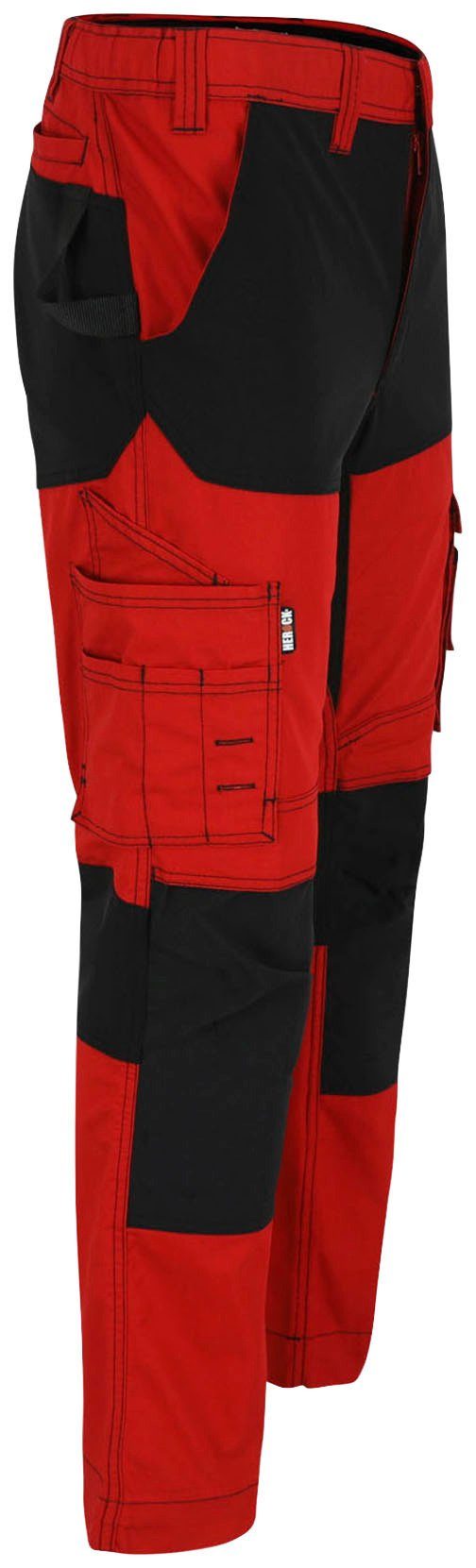 Hector 4-Wege-Stretch, Multi-Pocket, Arbeitshose rot/schwarz Knopf, verdeckter Herock Knietaschen verstärkte Hoses