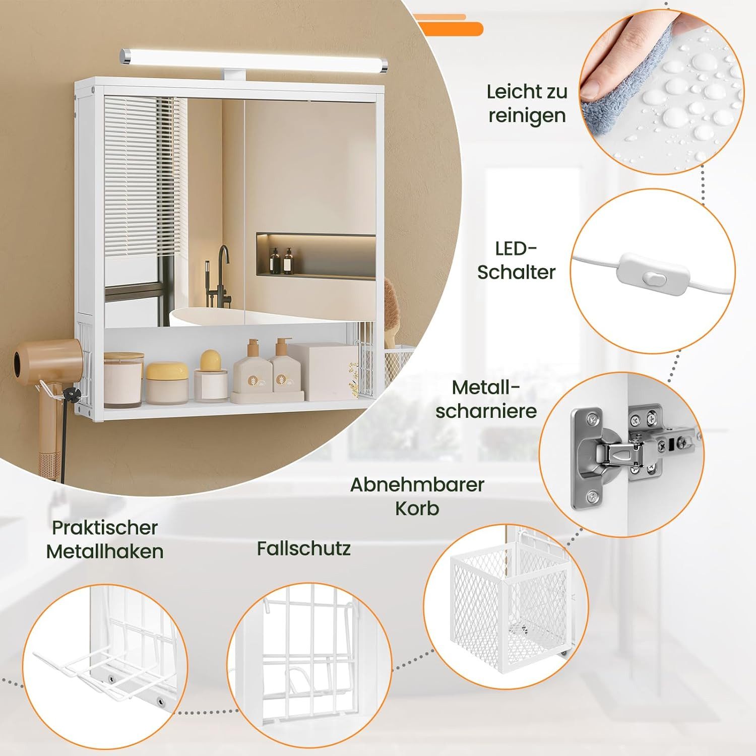 EUGAD Spiegelschrank (1-St) mit Beleuchtung hängend aus MDF Metall – Bild 4 von 5