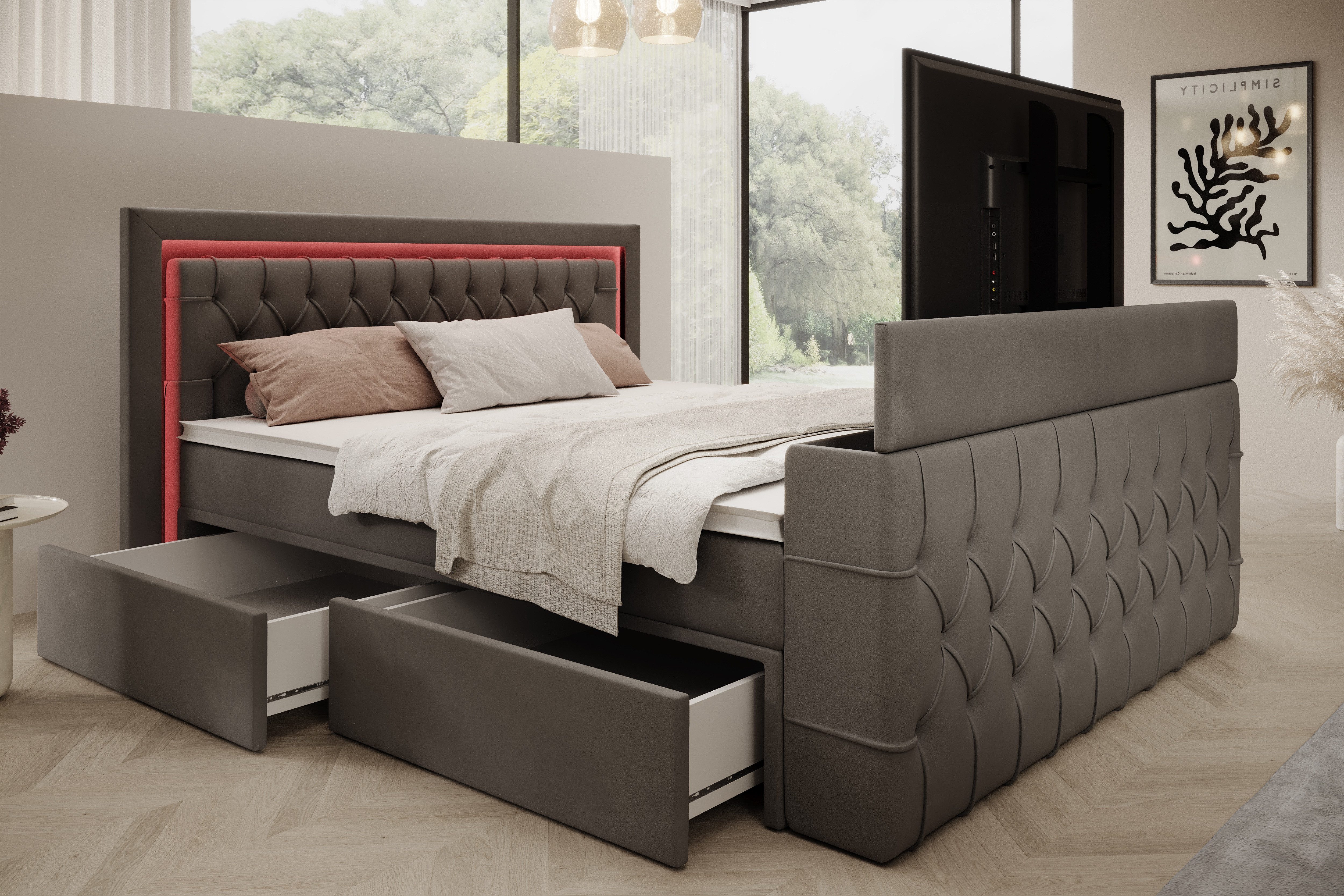 PROMETO Möbel Boxspringbett Doppelbett 180x200 mit Matratze, Schubladen TV-Lift LED Beleuchtung, inkl. 7-Zonen-Taschenfederkernmatratze, TV-Lift im Fußteil, Top – Bild 2 von 5
