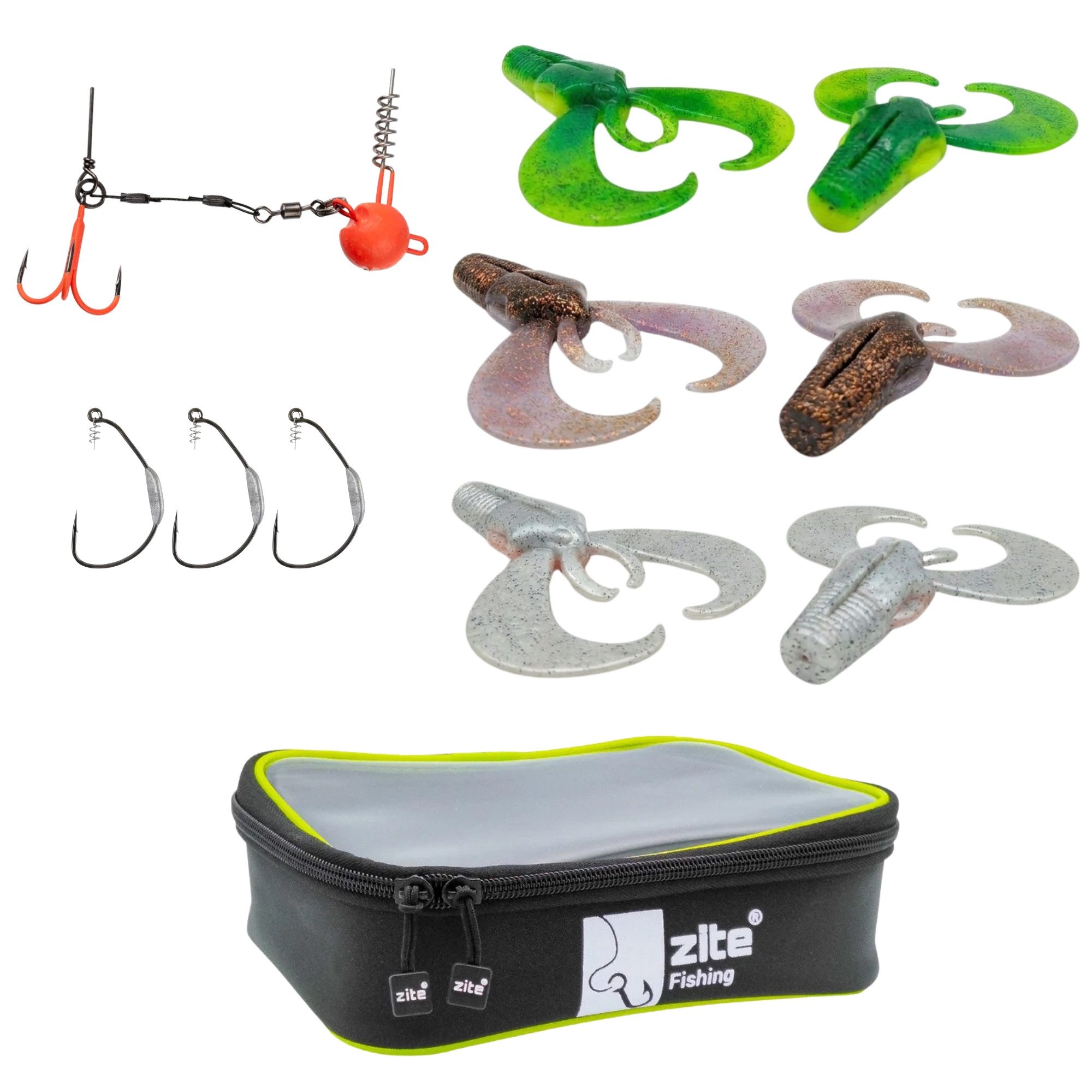 Zite Kunstköder MONSTER BAT Hecht Starter Set Gummiköder UV-Hechtsystem Haken Tasche