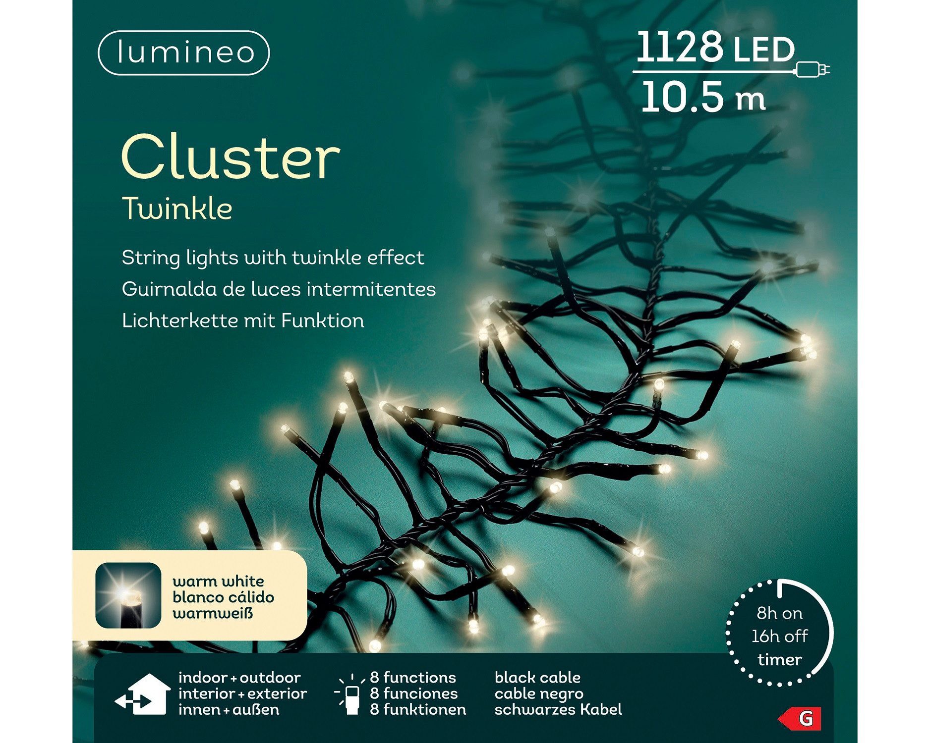 Lumineo LED-Lichterkette Lumineo Lichterkette CLUSTER TWINKLE 1128 LED 10,5m warm weiß, schwarz, Indoor/Outdoor, 8 Effekte, 8h-Timer, + 5 Meter Zuleitung