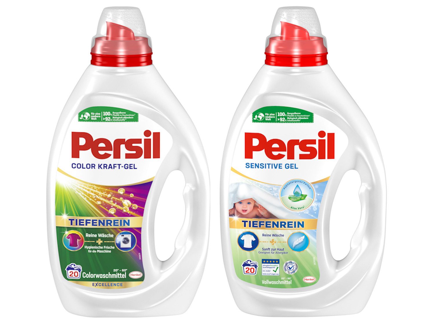 Persil Gel-Set Vollwaschmittel (Spar-Pack, [2-St. 2x 20 WL Kraft-Gel Color & Sensitive Gel)
