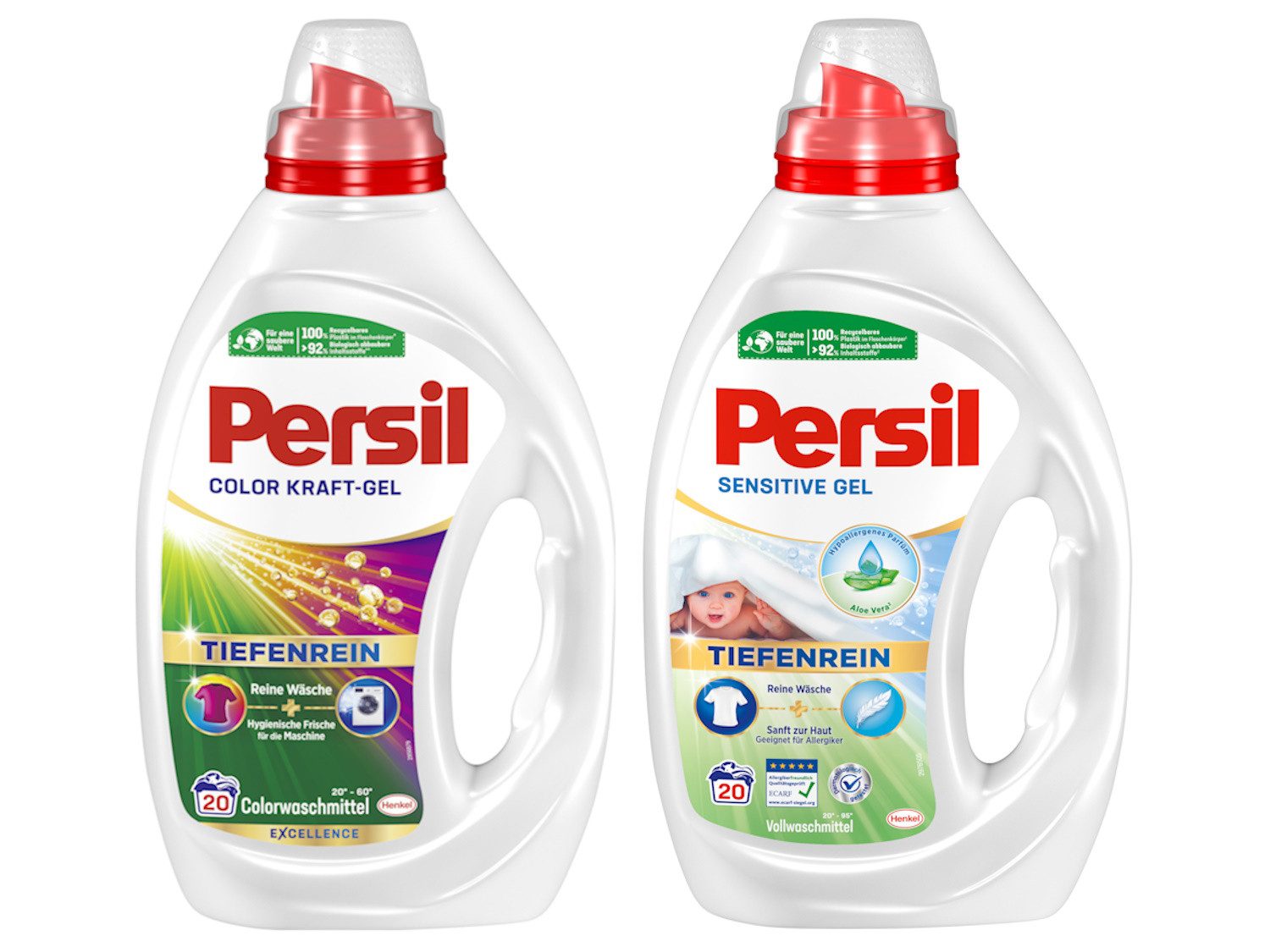 Persil Kraft Gel Color & Sensitive Gel 2 x 20 WL (40WL) Colorwaschmittel (Doppelpack, [2-St. Flüssigwaschmittel speziell für Allergiker & Babys - mit Tiefenrein Technologie)