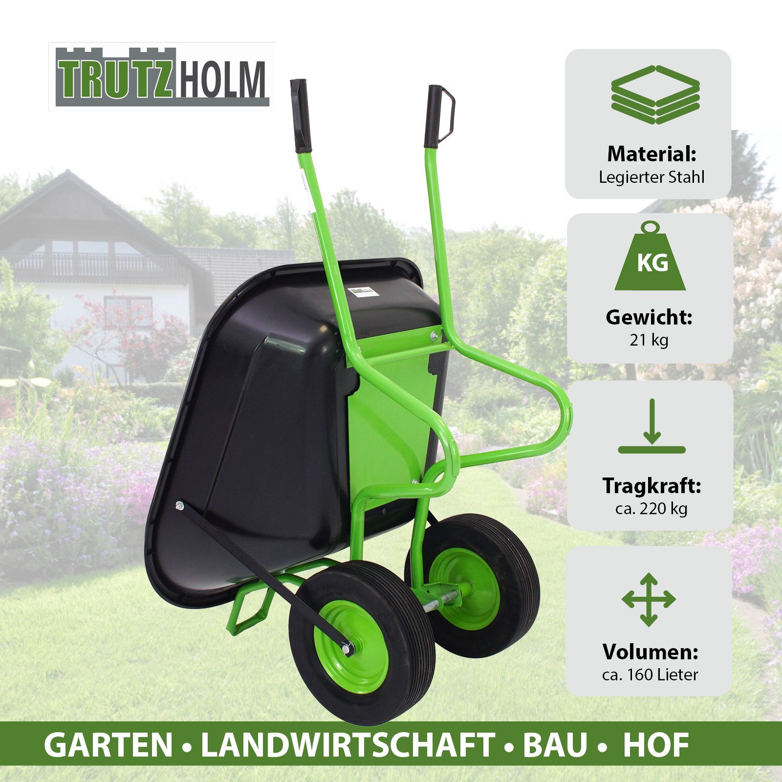 TRUTZHOLM Schubkarre 2-Rad 160L 220kg Gartenschubkarre Vollgummireifen Metallfelge grün