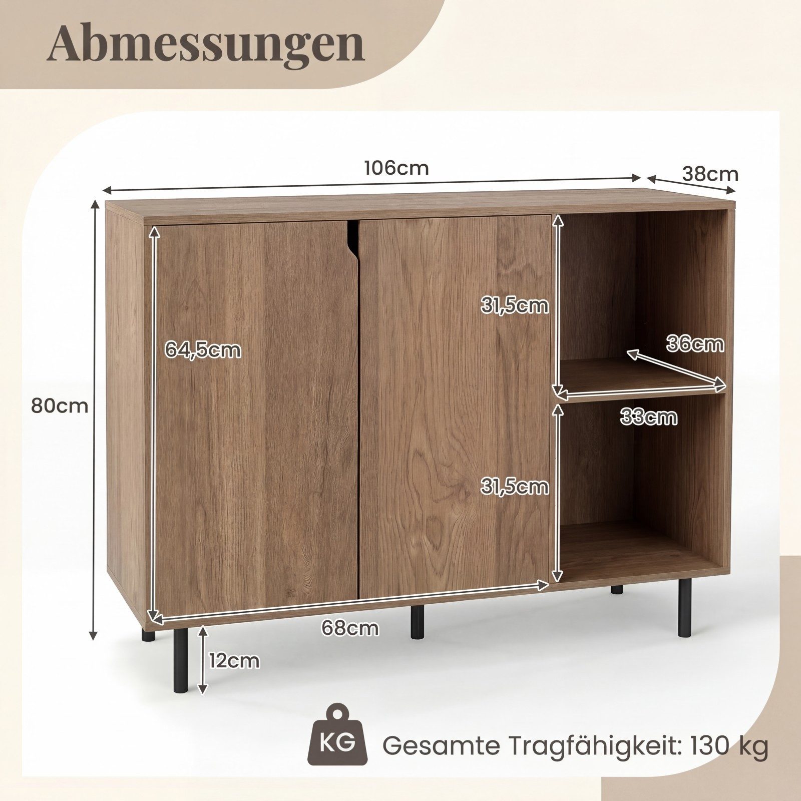 COSTWAY Sideboard Küchenschrank Anrichteschrank, mit verstellbaren Ablagen, 106cm – Bild 5 von 5