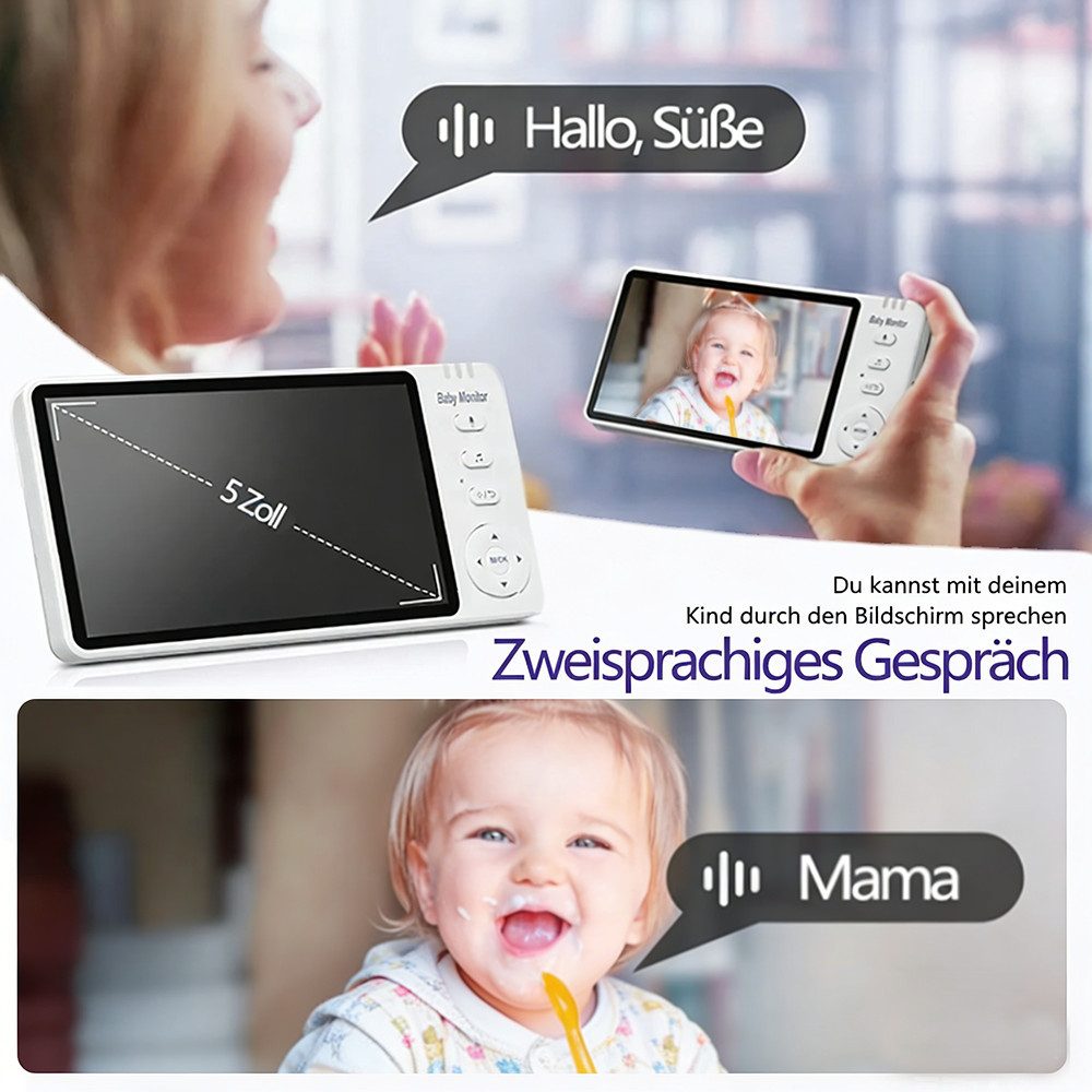 Fine Life Pro Video-Babyphone Babyphone 720P mit Kamera 5 Zoll HD 3500mAh Baby Monitor, VOX-Modus Digitalzoom Nachtsicht Gegensprechen Temperaturanzeige