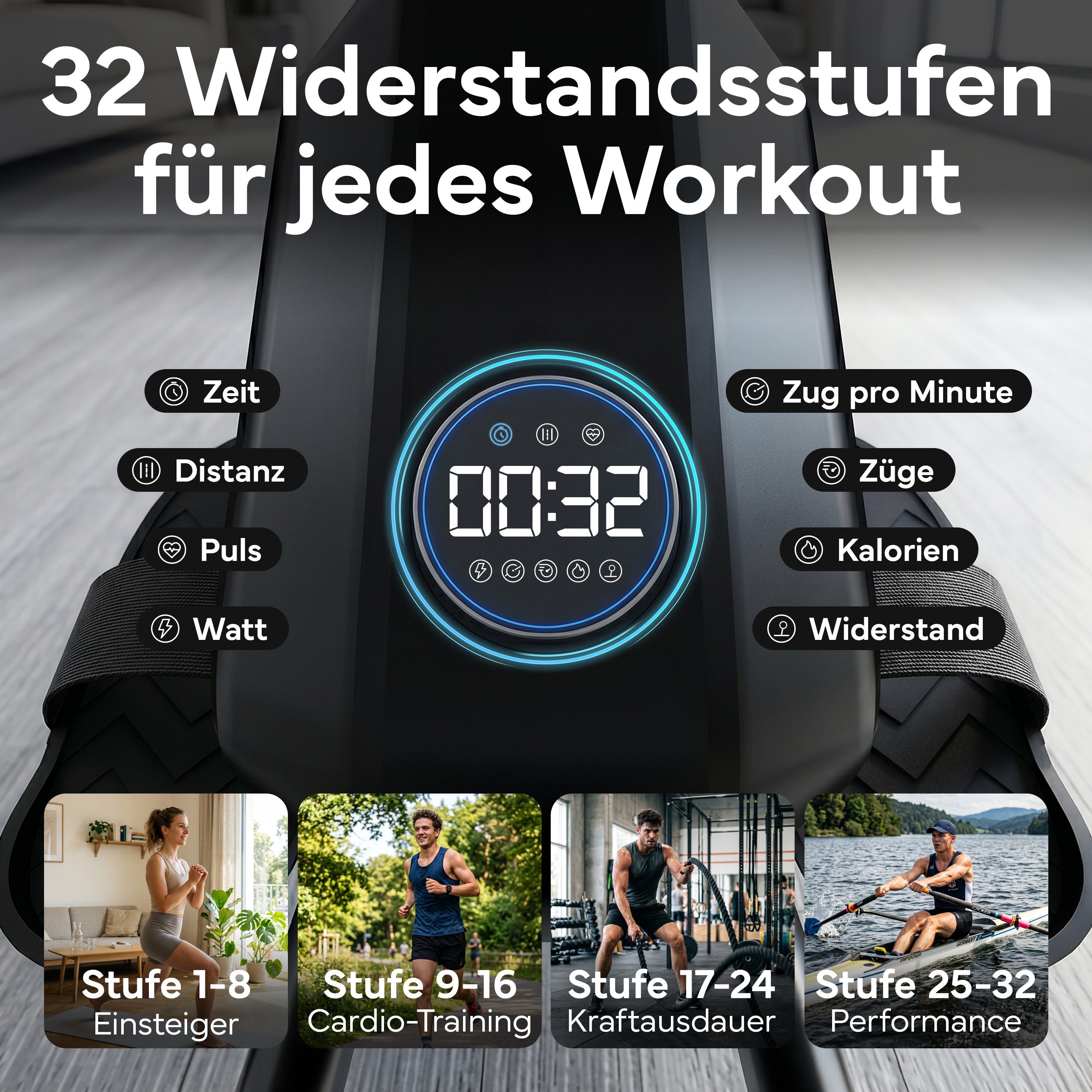 NEOLYMP Rudermaschine Rudergerät für Zuhause - 32 Widerstandsstufen mit Verstellbutton, Ruderergometer Rowing Machine - leise Magnetbremse, 150 kg belastbar