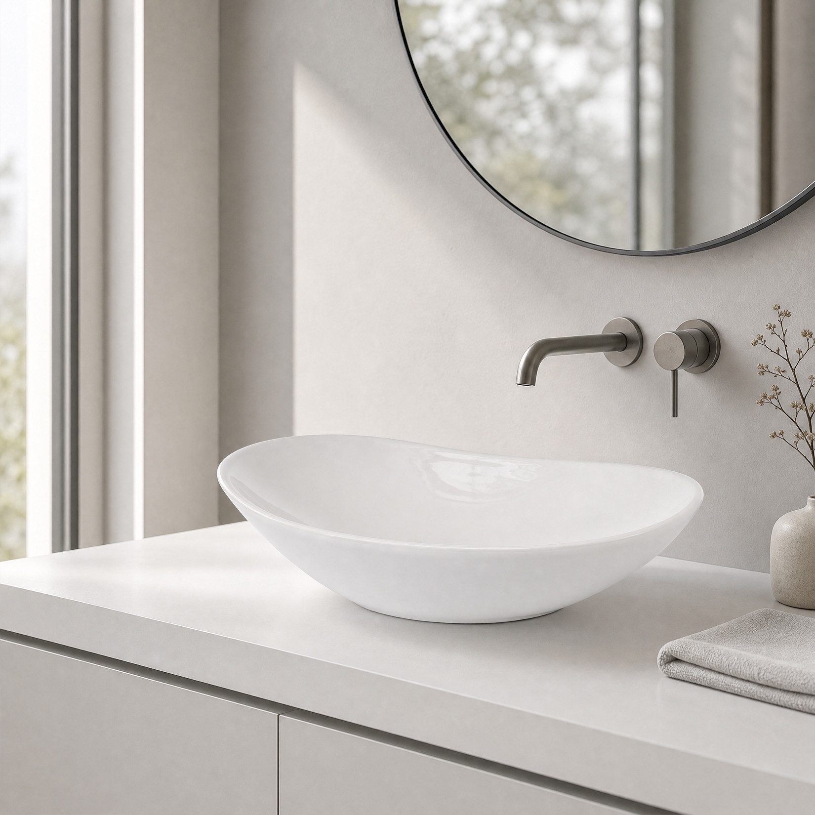 GarveeMore Aufsatzwaschbecken aus Keramik mit dünnem Rand für Badezimmer, Künstlerisches Design, leichte Reinigung, oval/konisch, weiß