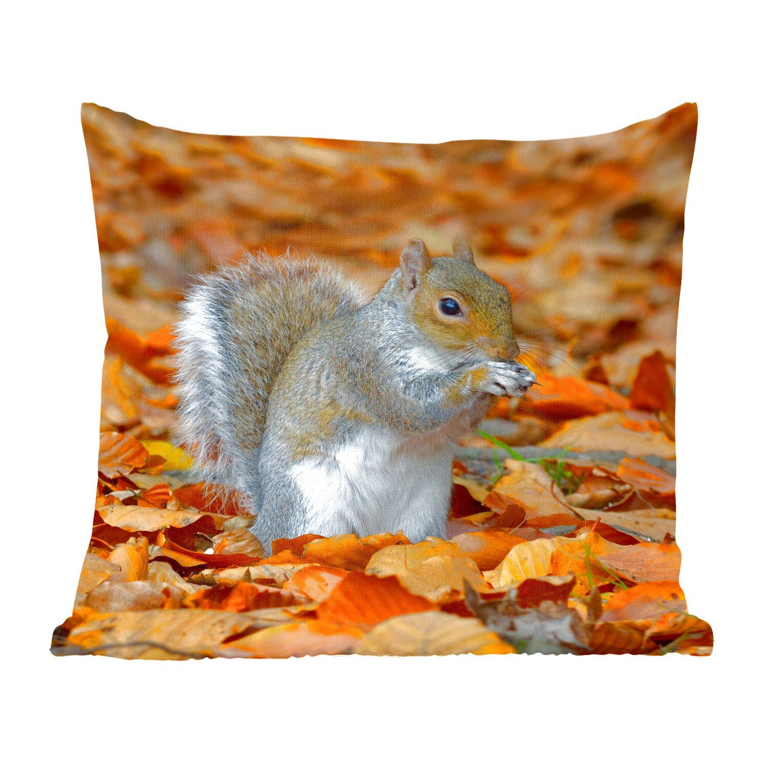 Zierkissen Herbstlaub, mit Dekokissen Eichhörnchen Füllung für Wohzimmer, Sofakissen MuchoWow Deko, zwischen Schlafzimmer, dem