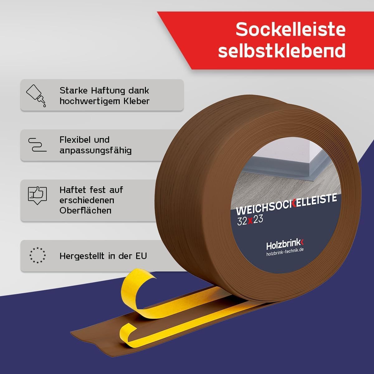 HOLZBRINK Sockelleiste HOLZBRINK selbstklebend PVC 32x23mm, 1 m, L: 100 cm, 1m Rolle, Küchenleiste Abschlussleiste für Badezimmer Farbe: Eiche Dunkel – Bild 3 von 5