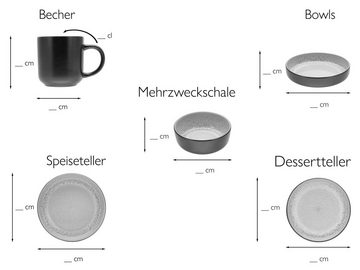 CreaTable Kombiservice Nordic Fjord (10-tlg), 2 Personen, Steinzeug, je 2 Speiseteller, Suppenteller, Dessertteller, Schalen, Kaffeebecher