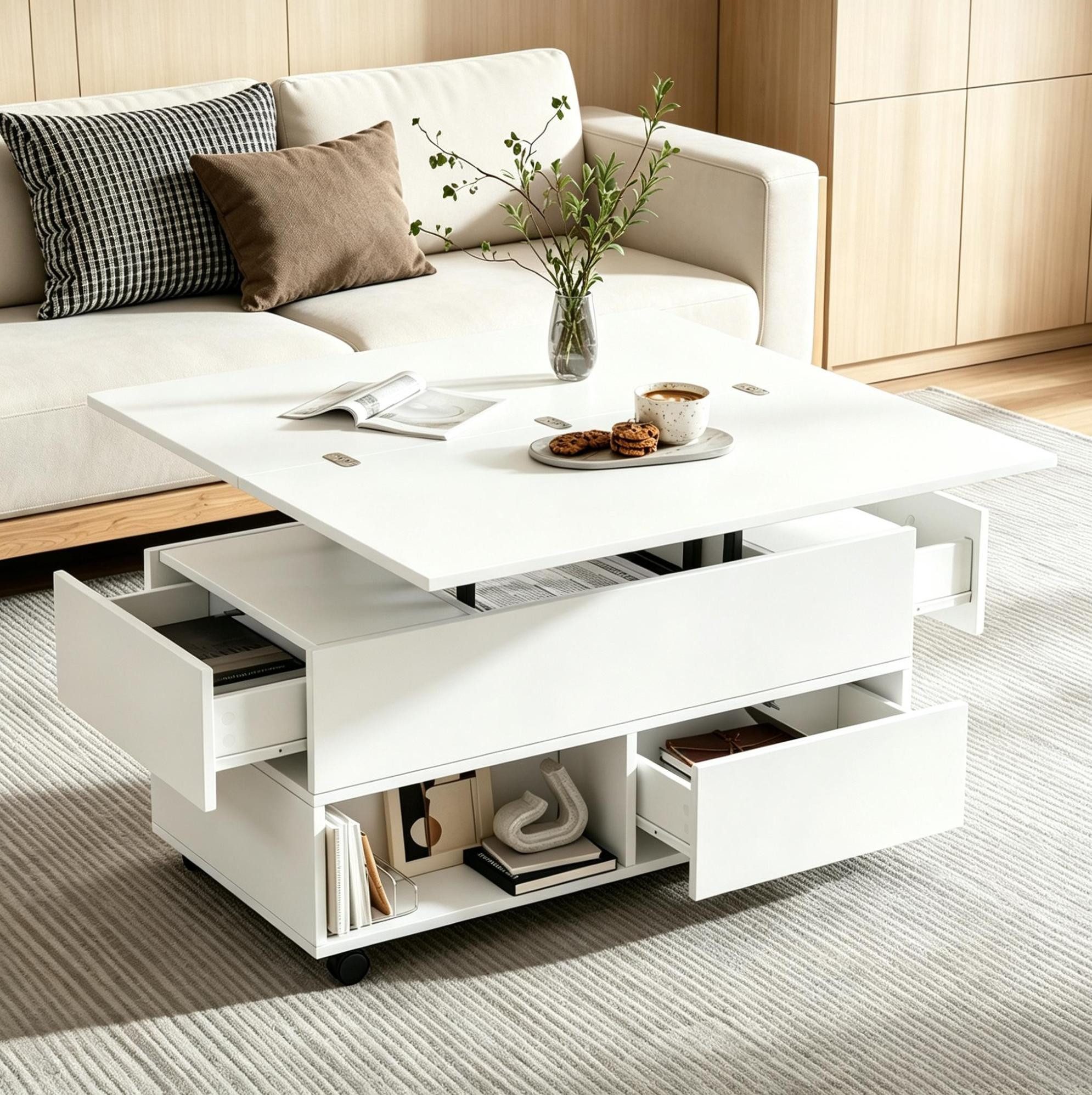 OKWISH Couchtisch Kompakter Funktionstisch mit Stauraum & Rollen (Packung, 1-St., Weiß, 100×50×52 cm, für Wohnzimmer & Esszimmer), 4 Schubladen, höhenverstellbar, 50 kg Tragkraft