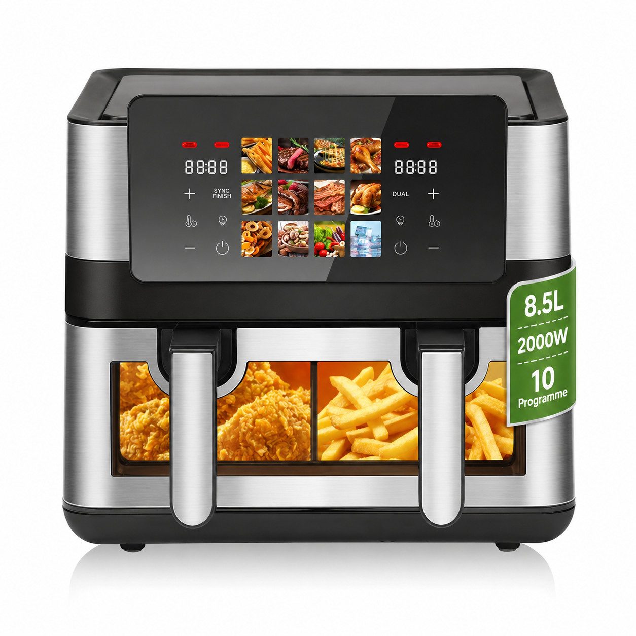 PHILODECO Heißluftfritteuse 8.5L mit 10 voreingestellten Programmen, 2000W, Sichtfenster, Herausnehmbare Trennwand, Farb‑Touch‑Display, 2000 W, Zwei separate Frittierkörbe, Simultan‑Kochen