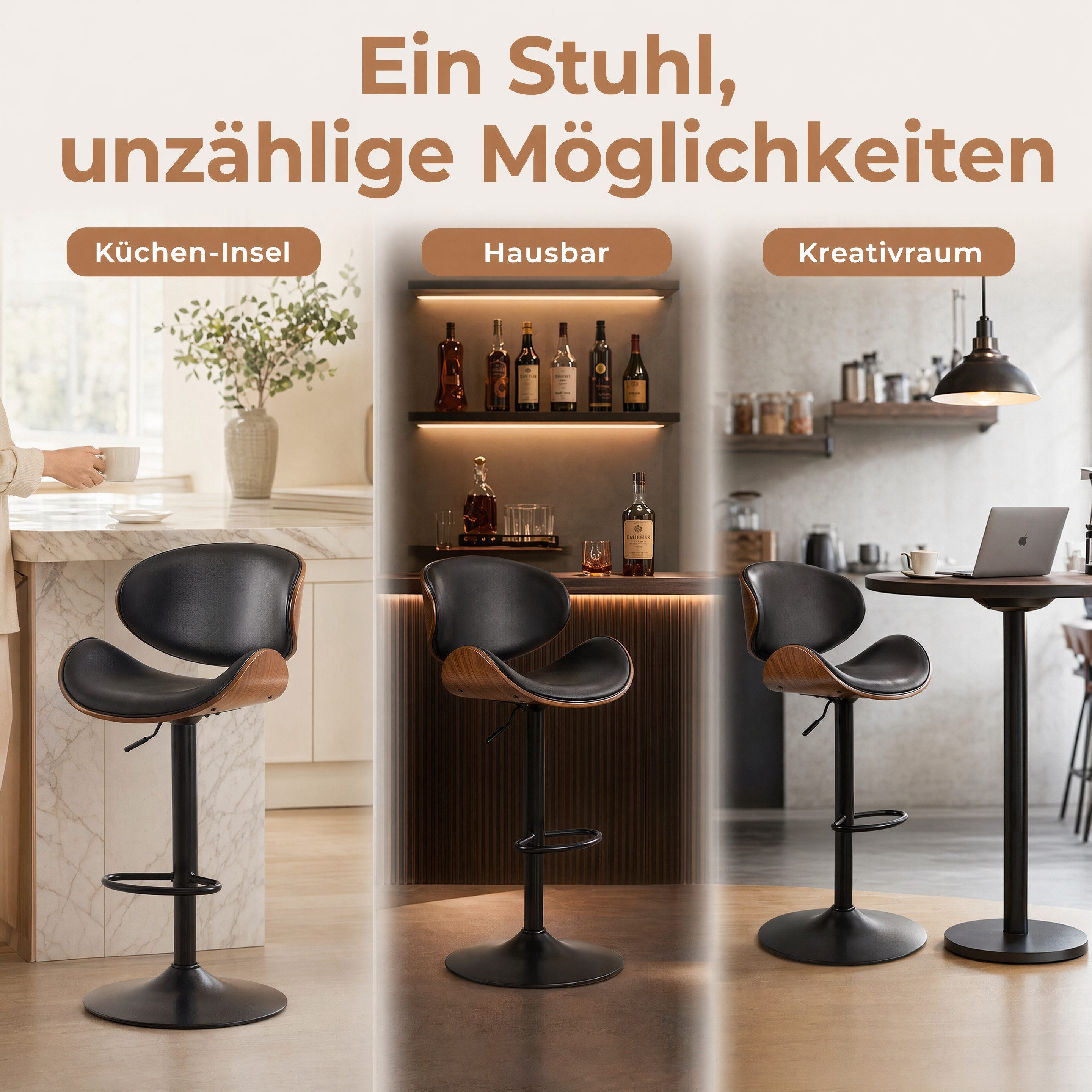 Totnz Barhocker Barstuhl 2er-Set, 360° drehbar und höhenverstellbar (2 St), PU-Leder mit Holz, Barstuhl mit Rückenlehne und Fußstütze
