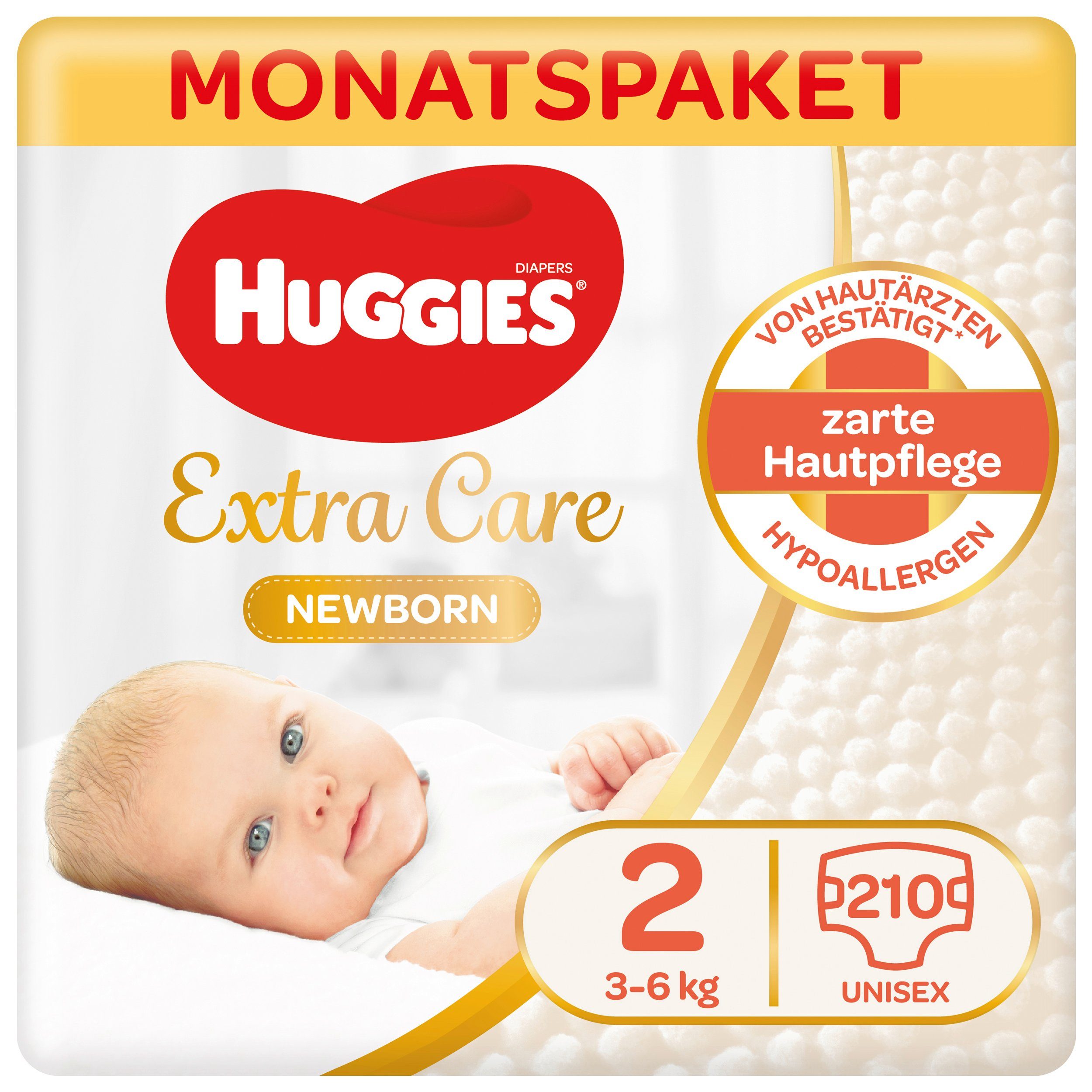 HUGGIES Windeln Newborn Babywindeln für Neugeborene, Größe 2 (3-6 kg), 210 St. Windeln (Vorratspack, 210 Windeln), Windel mit Nässeindikator