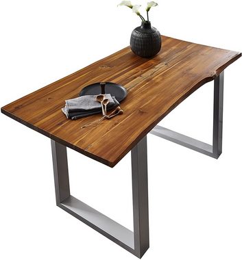 Junado® Essgruppe Esra, 6-teilig mit Tisch Baumkante mit 4x Stuhl und 1x Holzbank