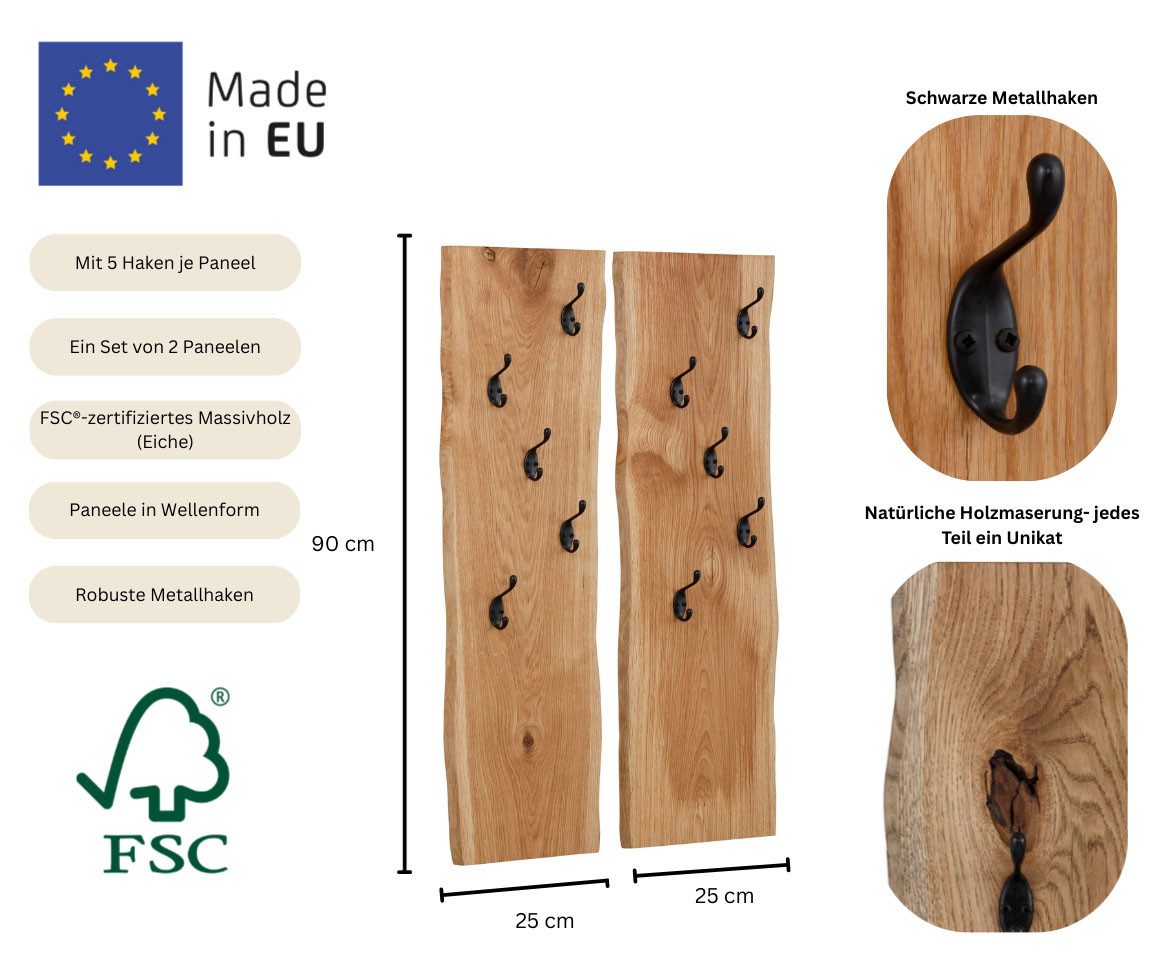 Home affaire Garderobenpaneel Brodi (Maße pro Paneel (B/T/H): 25/2/90 cm), aus massiver Eiche in Wellenform, 2er-Set mit je 5 Metallhaken