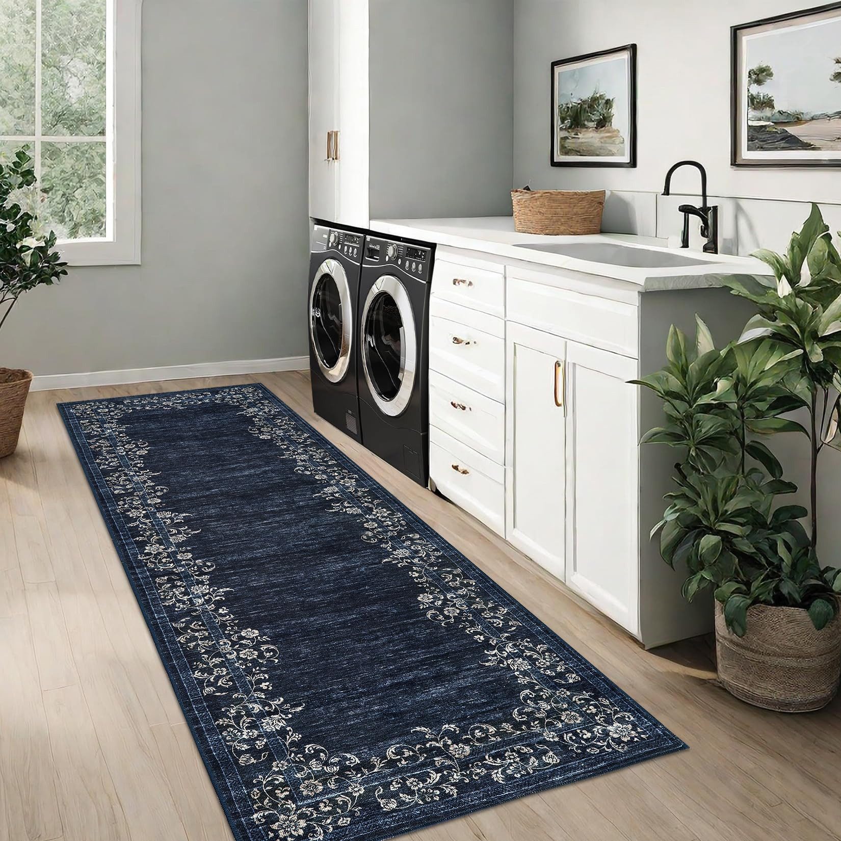 GarveeMore Veloursteppich Waschbarer Vintage Teppich Designteppich Läufer mit floraler Bordüre, Moderner Kurzflor, rutschfest, pflegeleicht & schmutzabweisend
