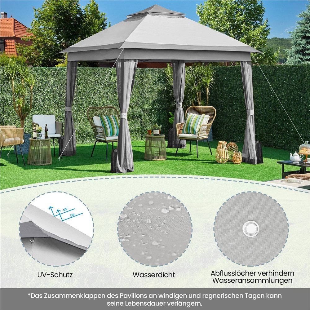 Yaheetech Faltpavillon Höhenverstellbarer Gartenpavillon mit Dach 3,3x3,3 m/ 4x4m, mit 4 Seitenteilen, Zelt mit Moskitonetz & Doppeldach & Tragetasche – Bild 5 von 5