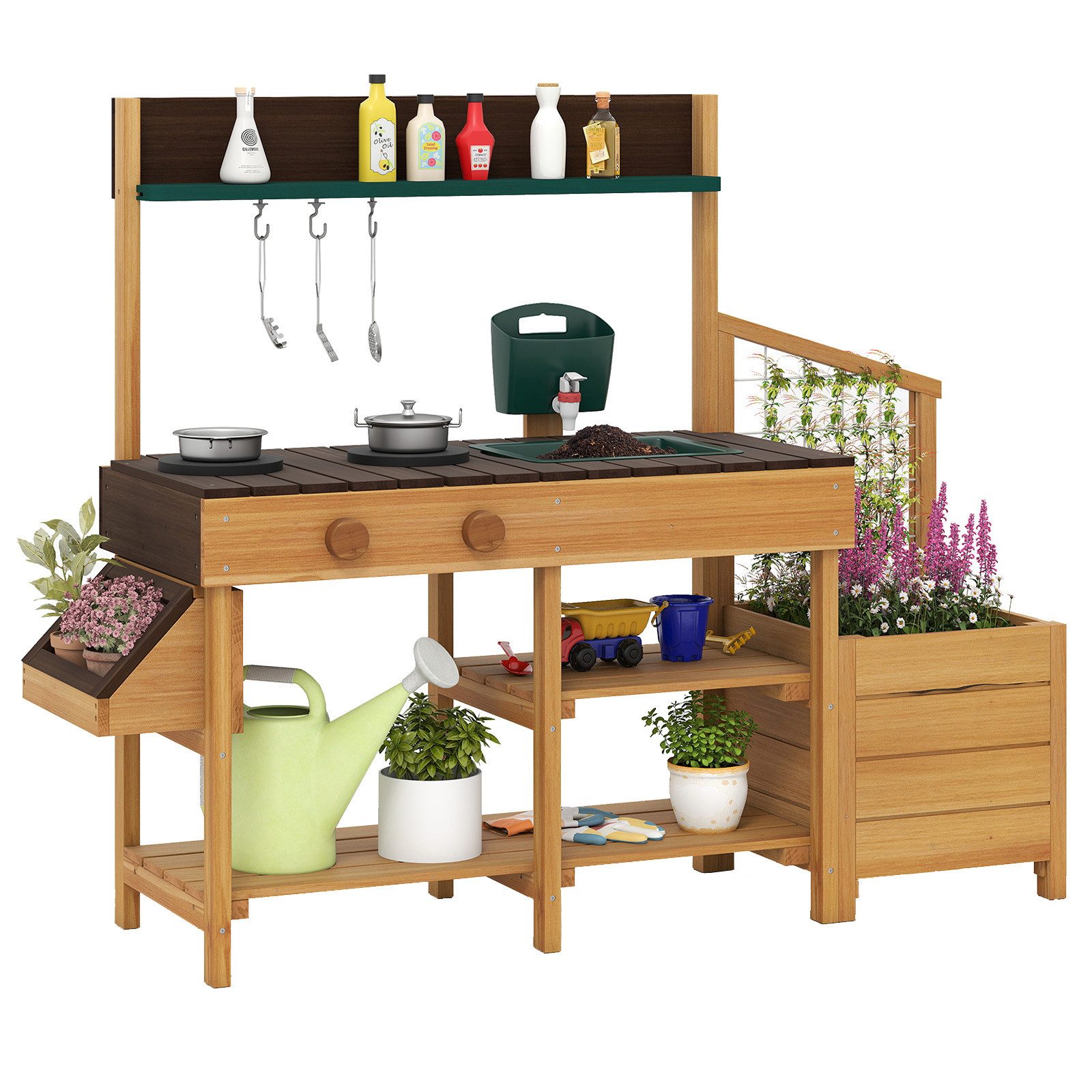 COSTWAY Outdoor-Spielküche Holz, Kinderküche mit Pflanzkasten & Rankgitter, günstig online kaufen