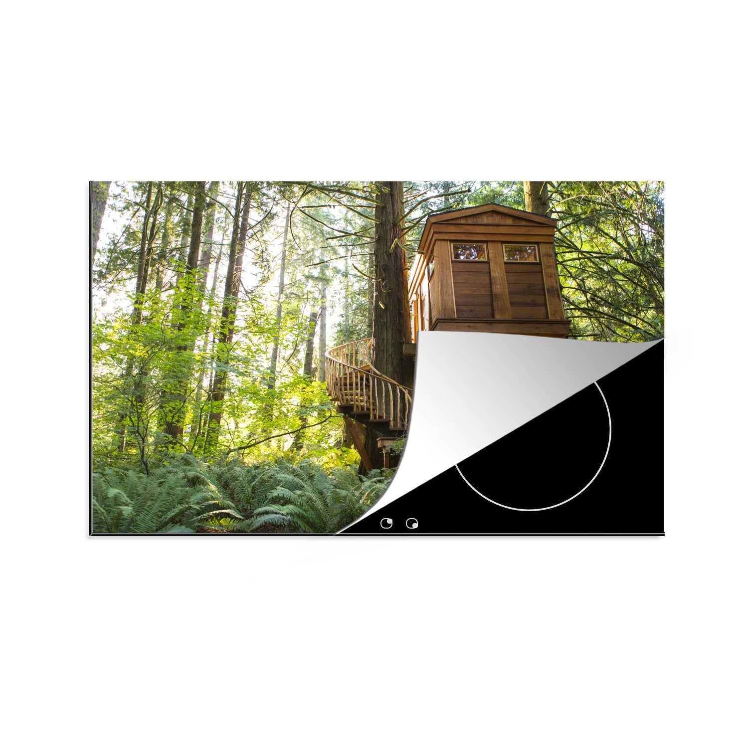 MuchoWow Herdblende-/Abdeckplatte Ein abgelegenes Baumhaus mit Treppe, Vinyl, (1 tlg), 81x52 cm, Induktionskochfeld Schutz für die küche, Ceranfeldabdeckung