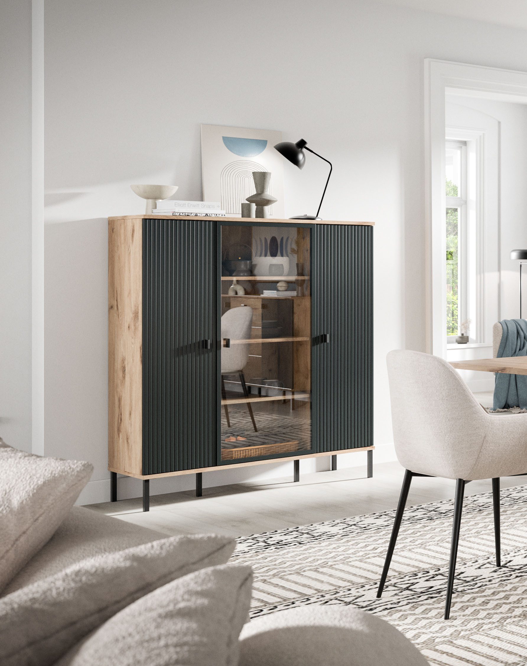 INOSIGN Highboard TREVERK, Breite: 115 cm, hochwertige MDF-Front schwarz tiefzieh (1 St), Highboard, Wohnzimmer, Esszimmer