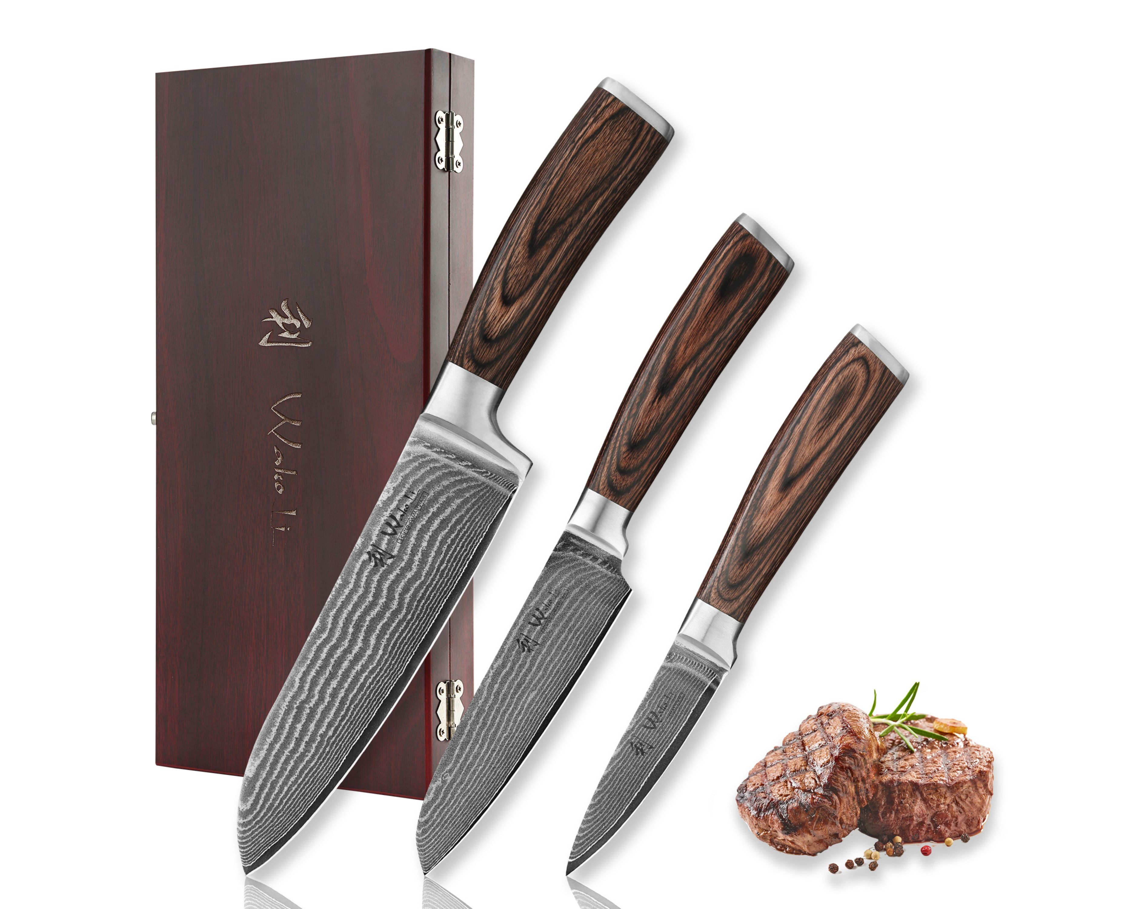 Wakoli Messer-Set Edib Damastmesserset I Küchemesser mit 8-17cm Klinge I Pakkaholzgriff (Küchenmesser Set in Holzbox, 3-tlg), VG10 Kern,langanhaltende Schärfe,ergonomischer Griff
