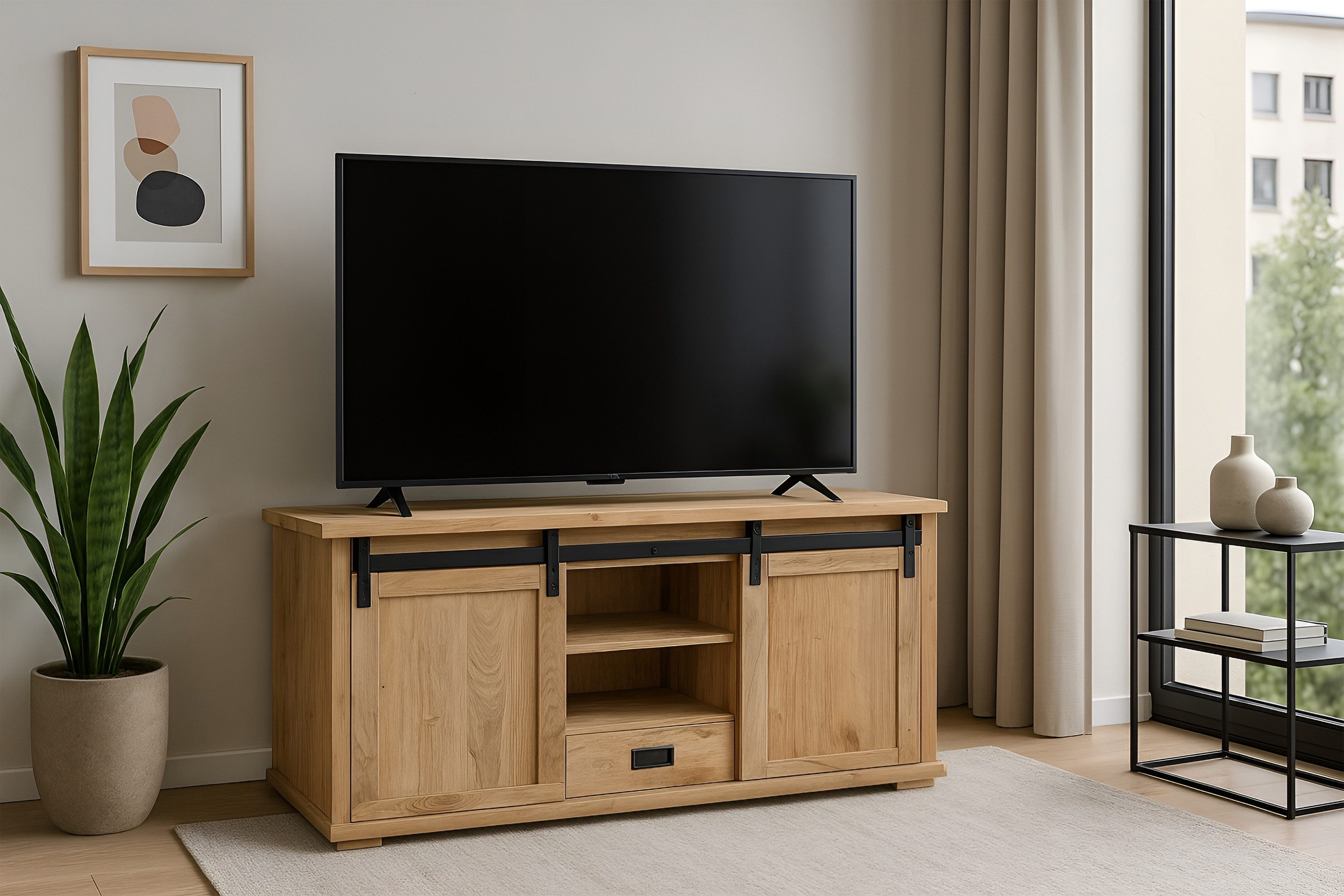 SAM® Lowboard Fritz, Akazienholz, mit Baumkante oder gerader Kante, Industrial-Design