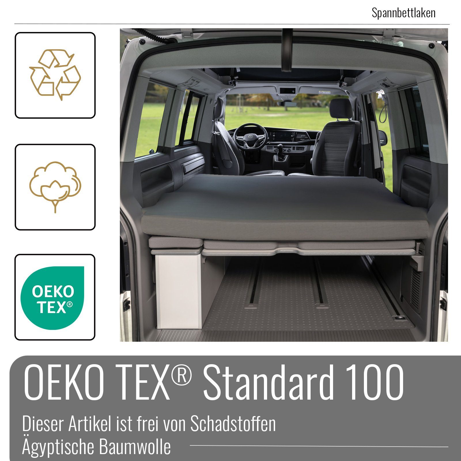 BLACK FOREST FOX Spannbettlaken Spannbettlaken VW Faltbett T5/T6/T6.1 California Beach OEKO-TEX® Grau, 100% ägyptische Baumwolle, Gummizug: ja, (1 Stück), passgenau