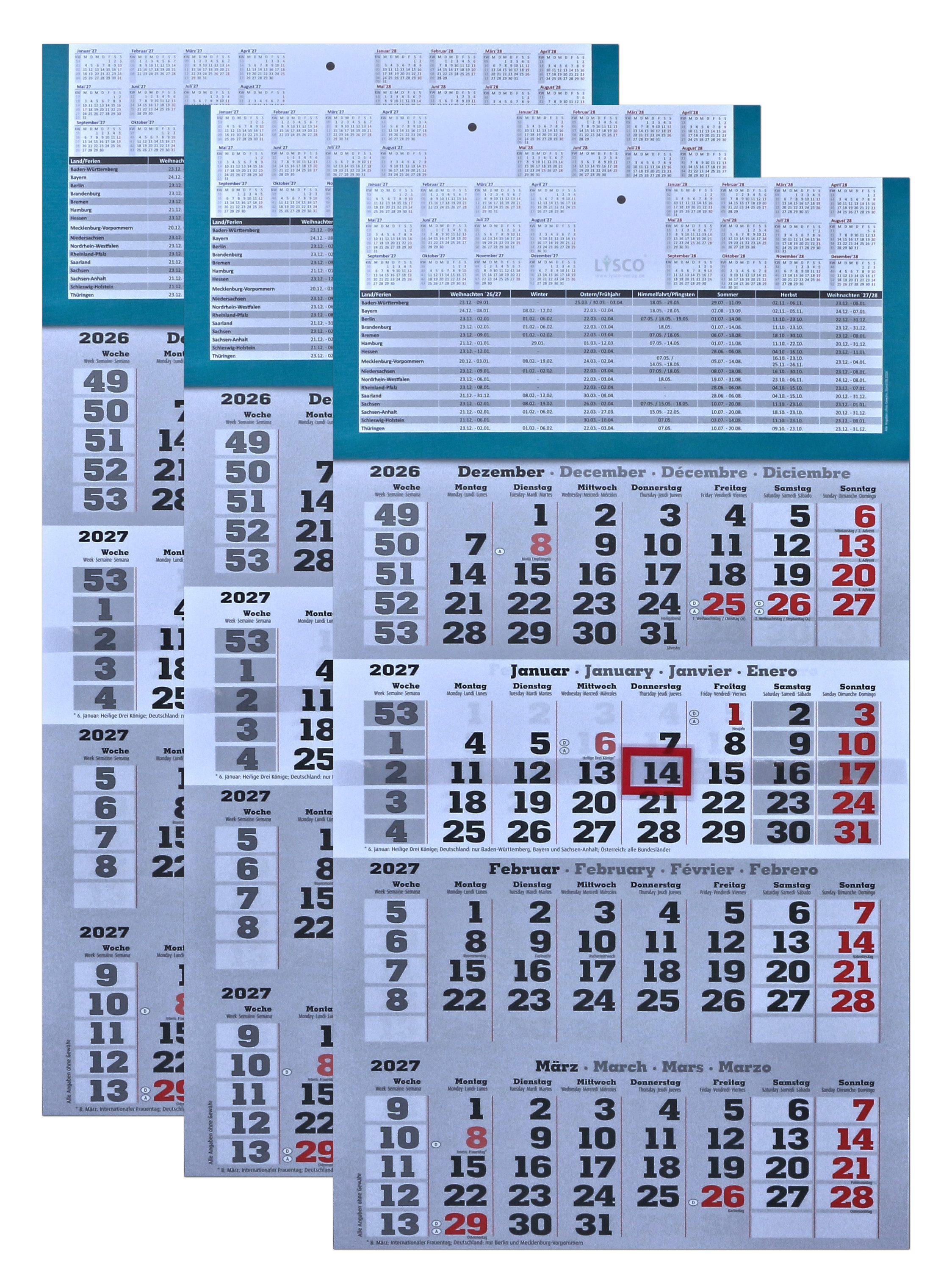 LYSCO Wandkalender Viermonatskalender 2027 - 4 Monatskalender Wandkalender, werbefrei, Feiertage und Ferien-dreisprachig-ENG,DE,AT, ES - Lieferung plano