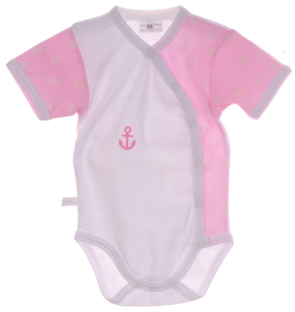 La Bortini Wickelbody Baby Body kurzarm Kurzarmbody in weiß rosa mit Anker aus reiner Buamwolle, 44 50 56 62 68 74 80 86 92 98
