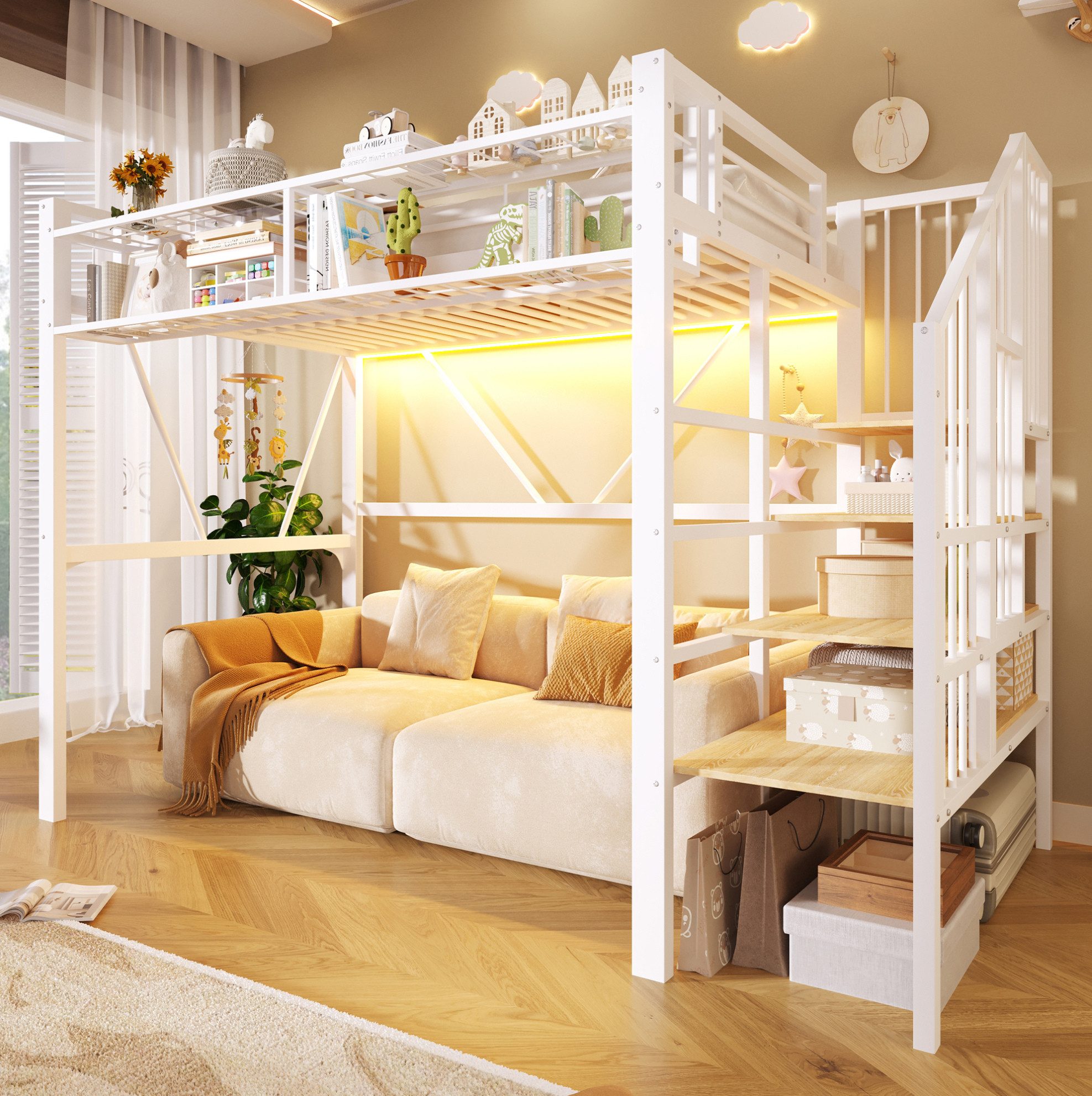 MODFU Hochbett Kinderbett aus Metall mit offenem Stauraum, LED-Leiste (Jugendbett 90x200 cm mit Gitterelementen, Stufen-Ablageregal und Aufbewahrungskorb, Eisenbett) ohne Matratze